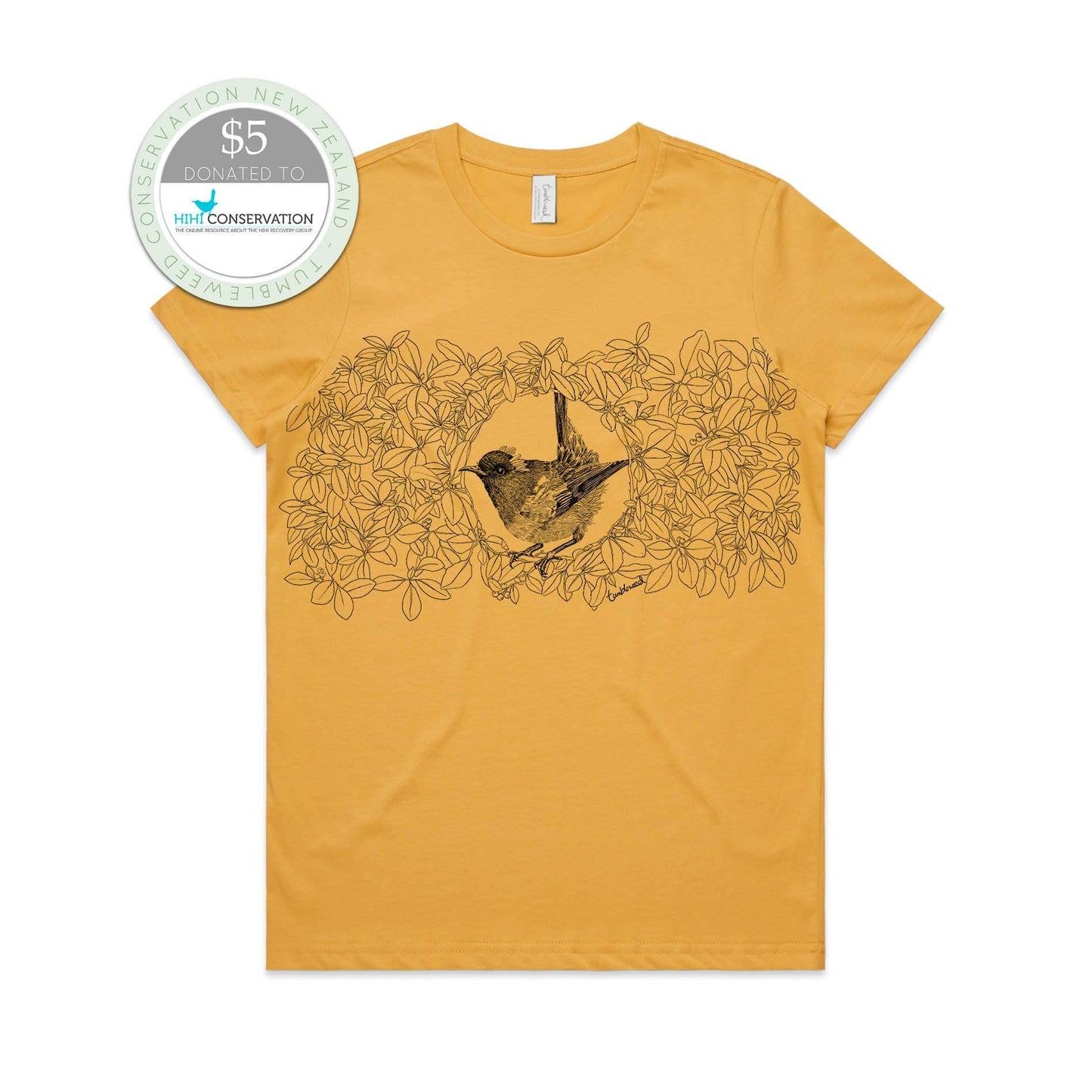 Mustard, female t-shirt featuring a screen printed black Hihi/Stitchbird design.