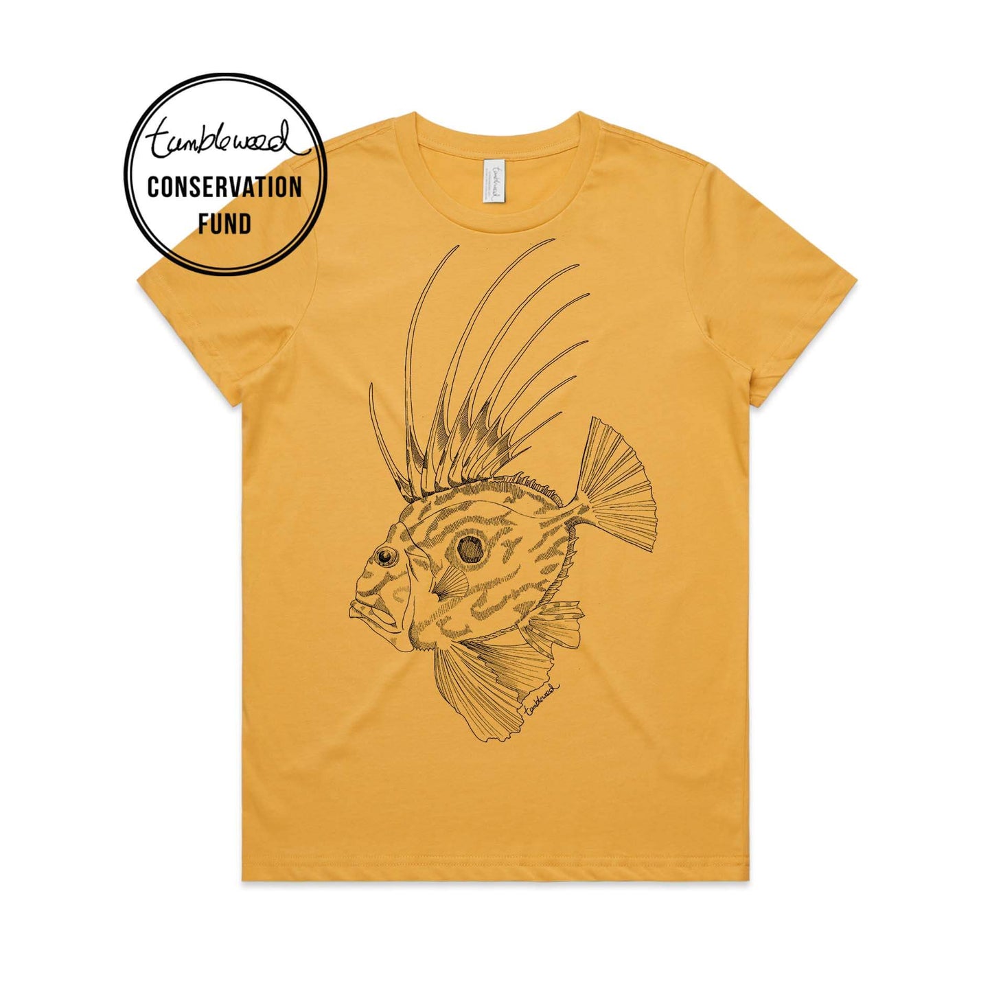 Mustard, female t-shirt featuring a screen printed black john dory design.
