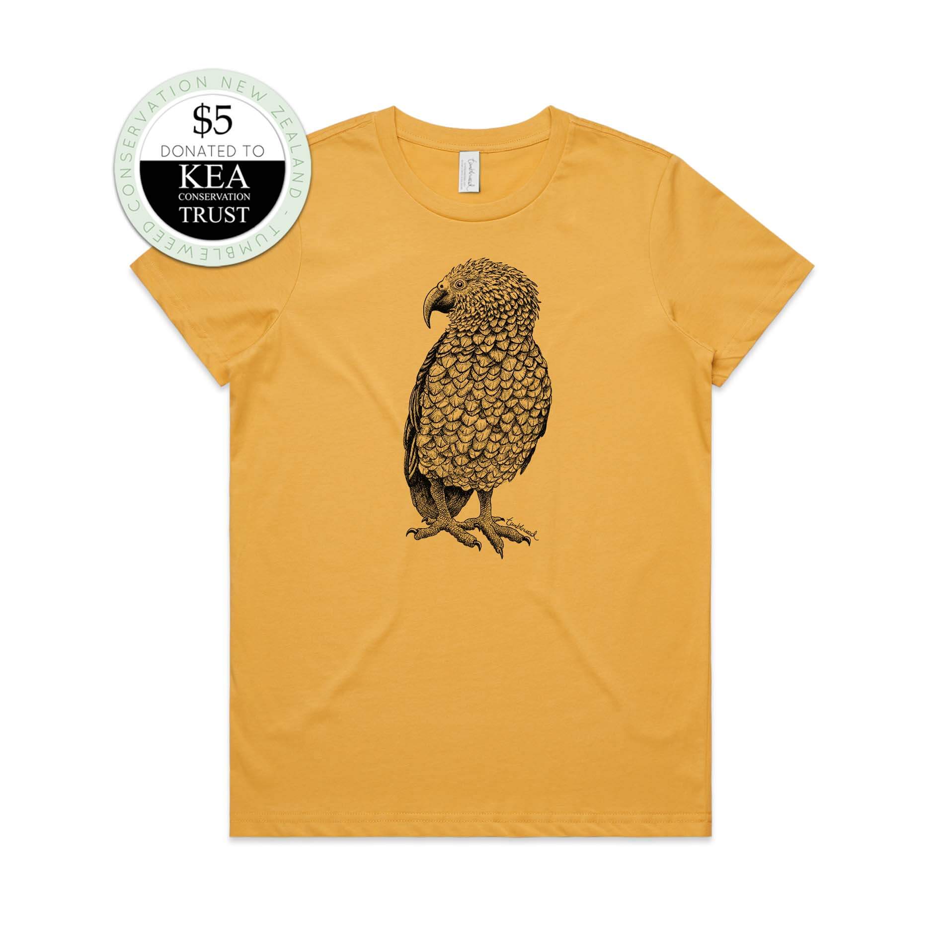 Mustard, female t-shirt featuring a screen printed kea design.