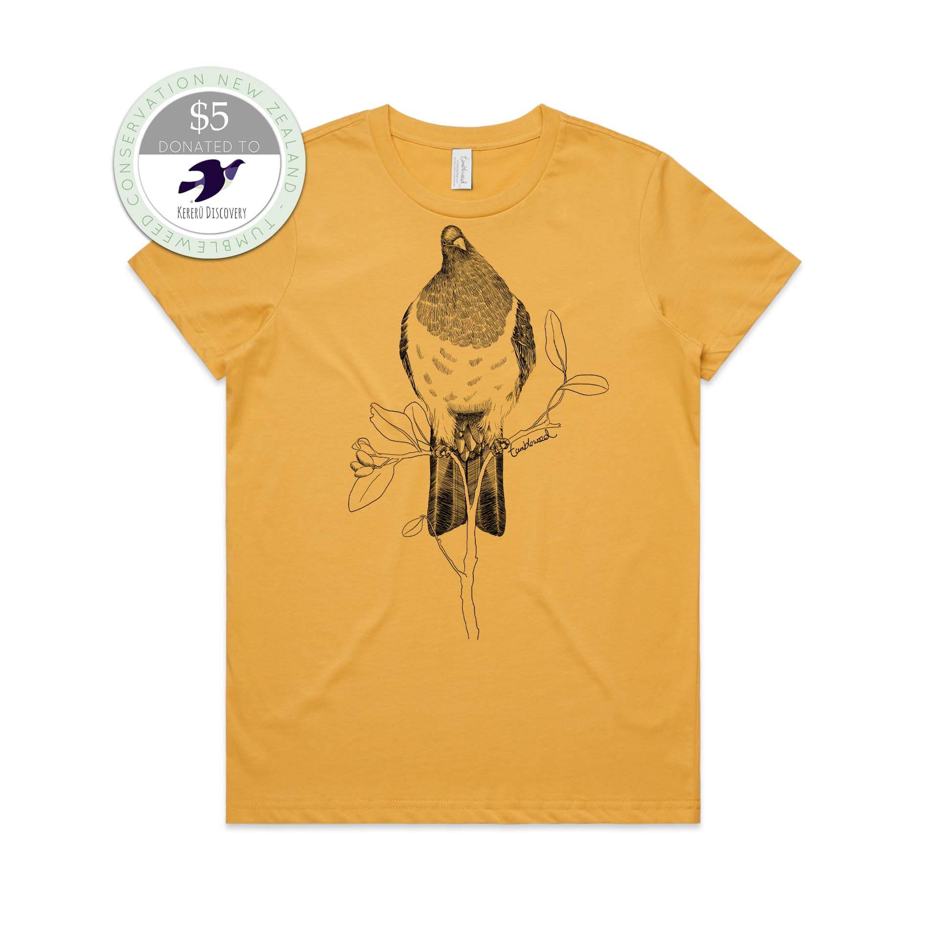 Mustard, female t-shirt featuring a screen printed kereru design.