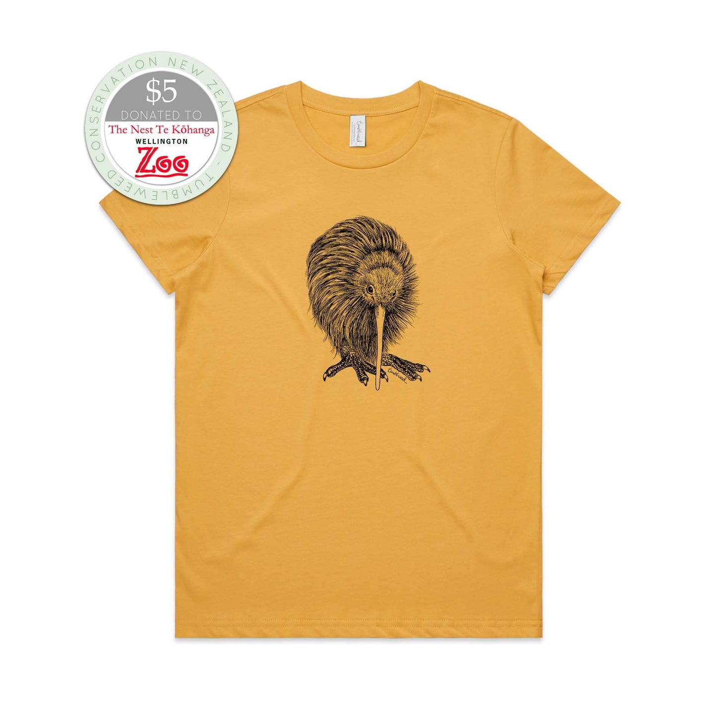 Mustard, female t-shirt featuring a screen printed kiwi design.