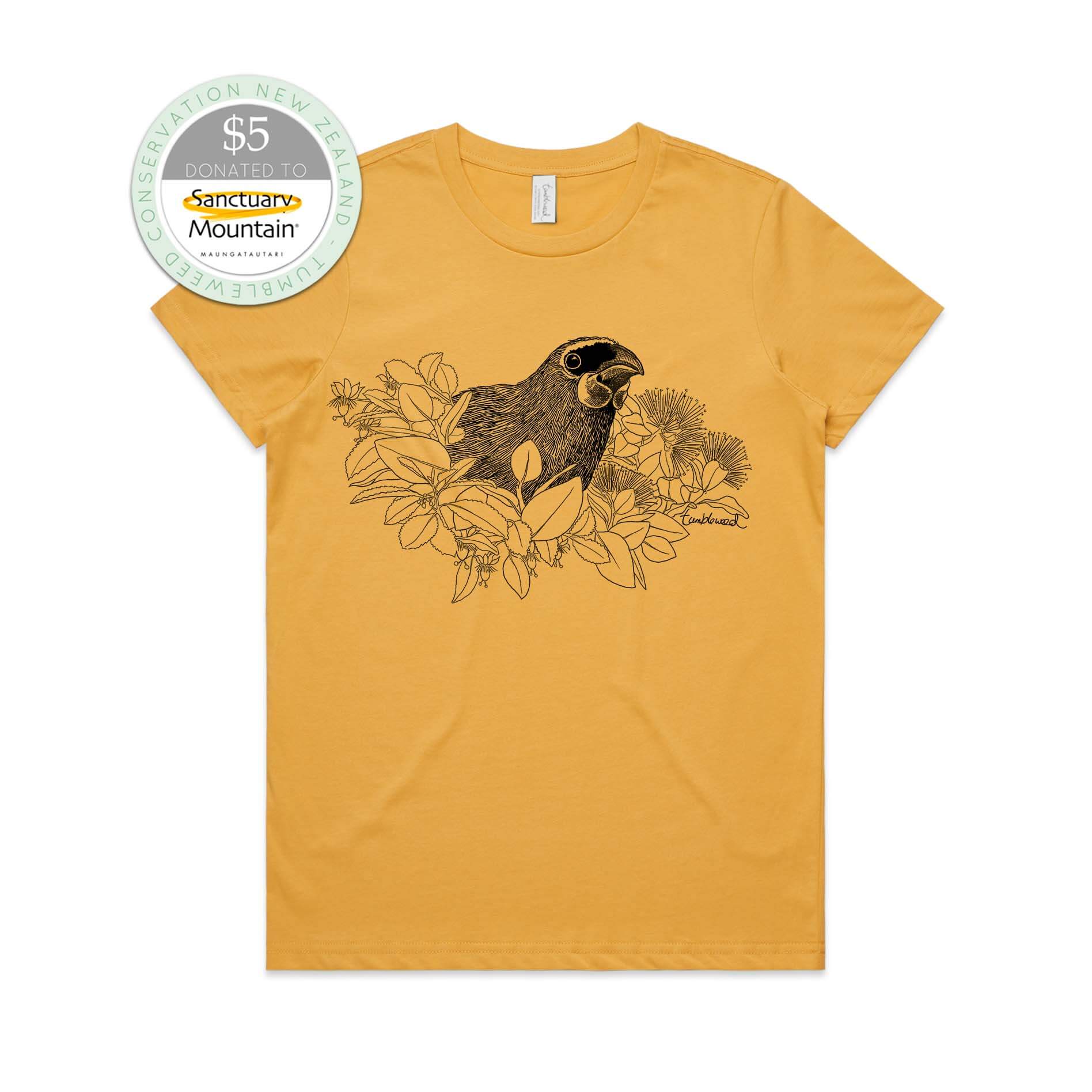 Mustard, female t-shirt featuring a screen printed Kōkako design.