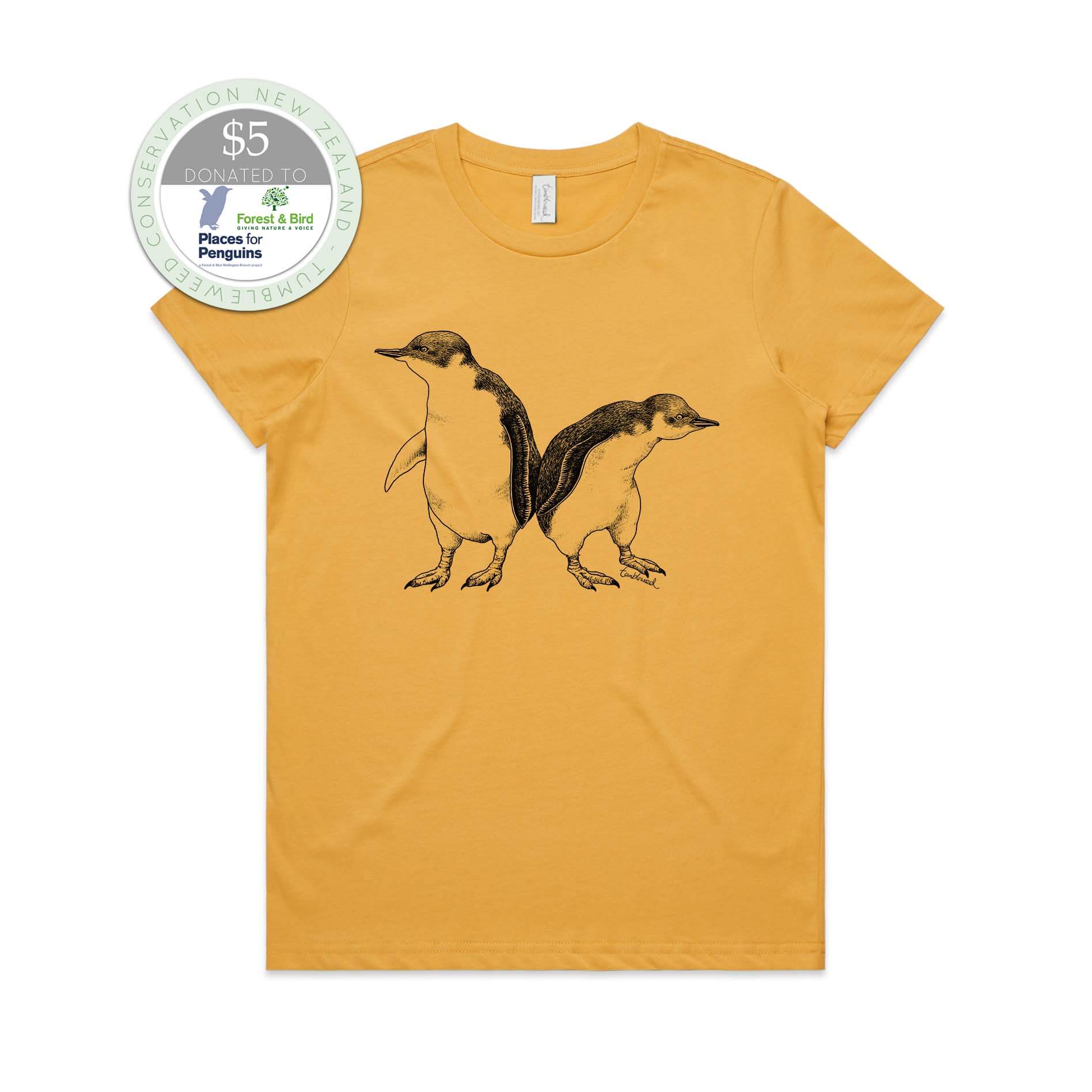 Mustard, female t-shirt featuring a screen printed Little Blue Penguin design.