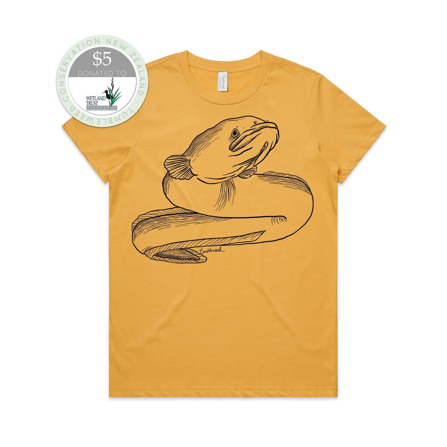 Mustard, female t-shirt featuring a screen printed Longfin Eel/Tuna design.