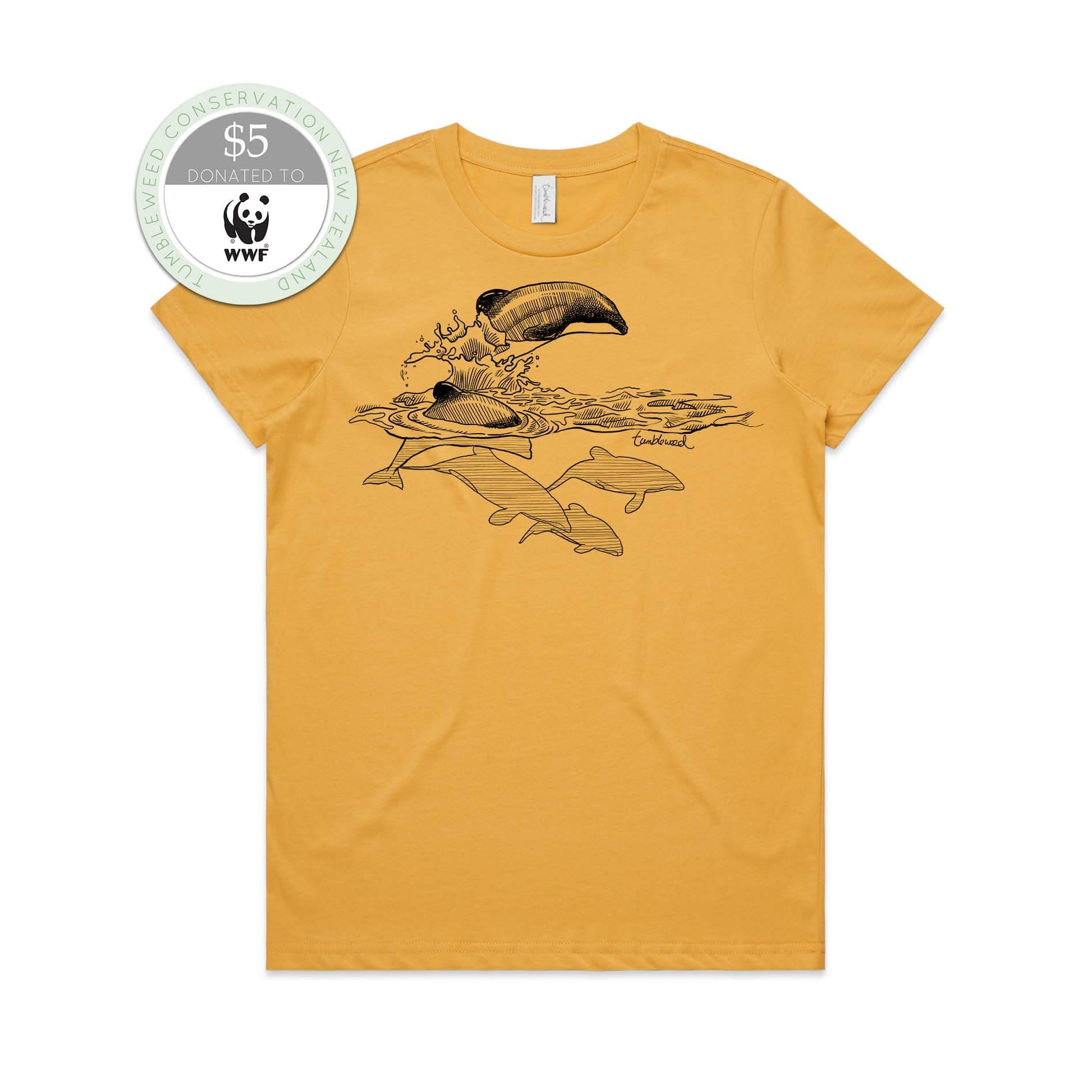 Mustard, female t-shirt featuring a screen printed Māui dolphin design.