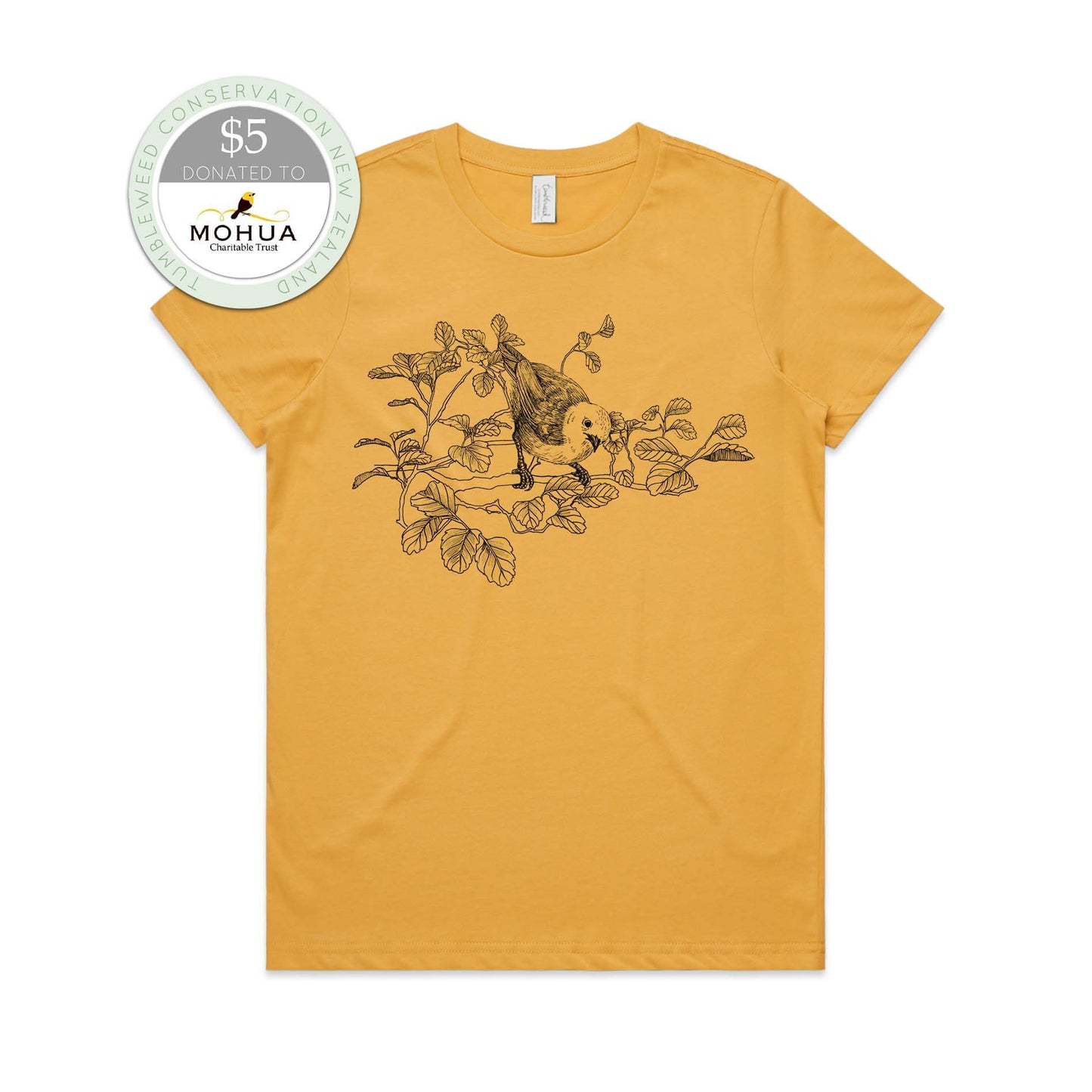 Mustard, female t-shirt featuring a screen printed Mōhua/Yellowhead design.
