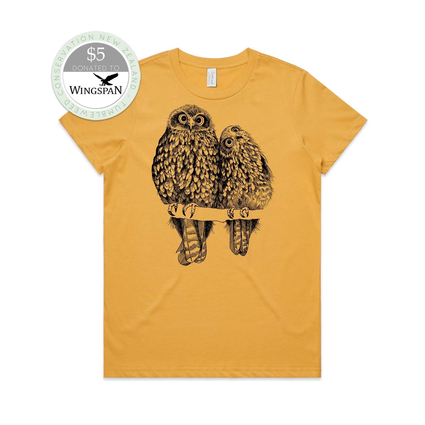 Mustard, female t-shirt featuring a screen printed Morepork/Ruru design.