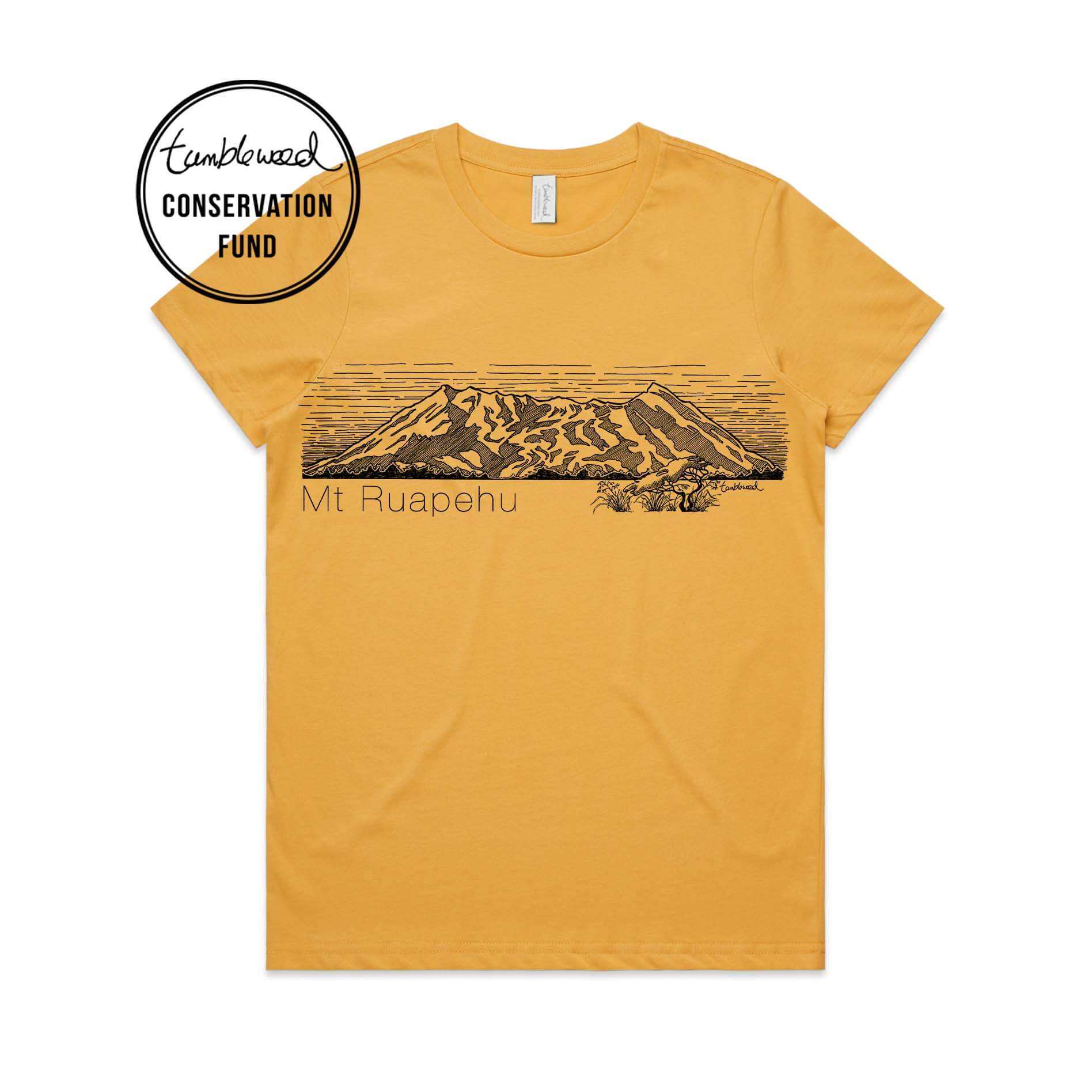Sage, male t-shirt featuring a screen printed Mt Ruapehu design.