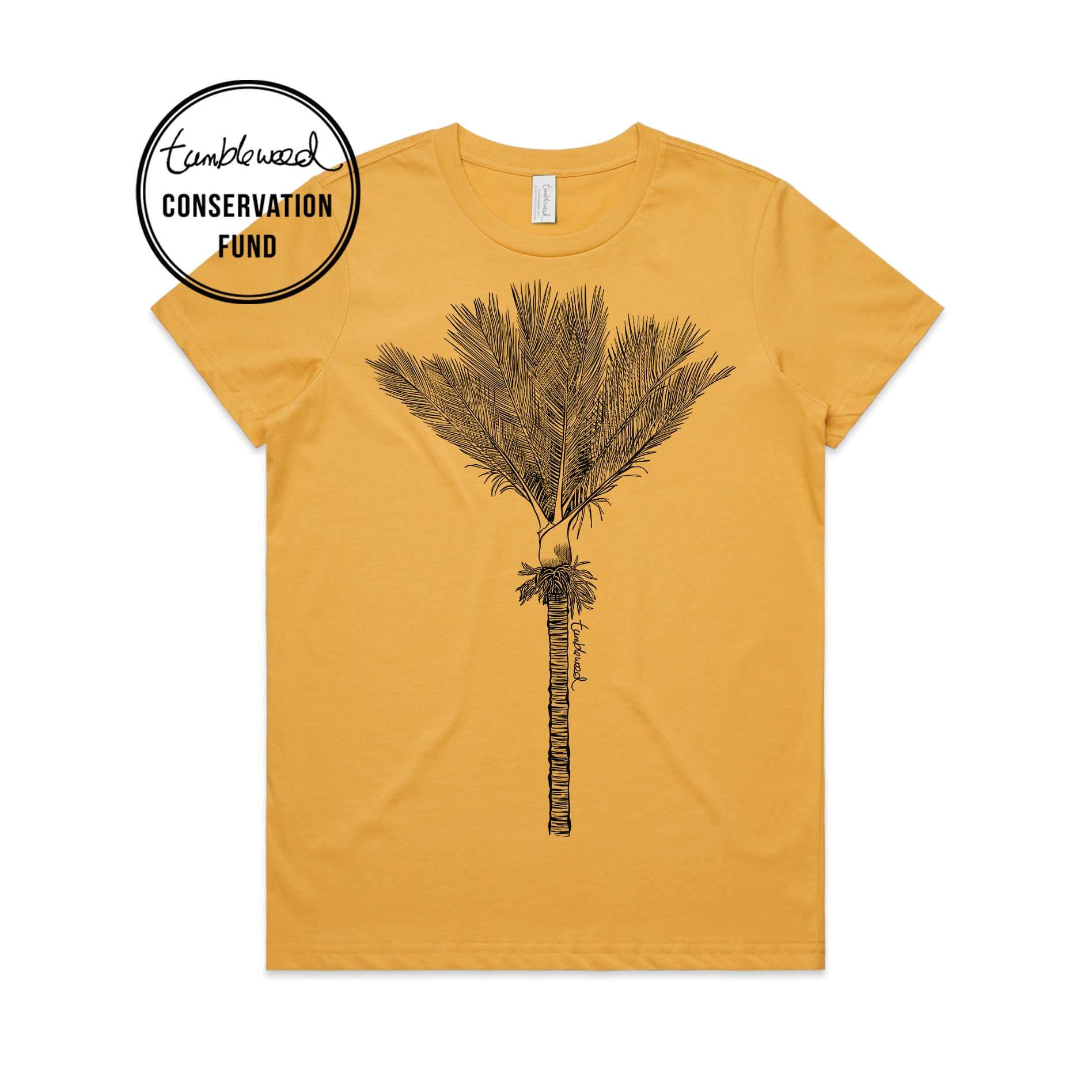 Mustard, female t-shirt featuring a screen printed Nīkau design.