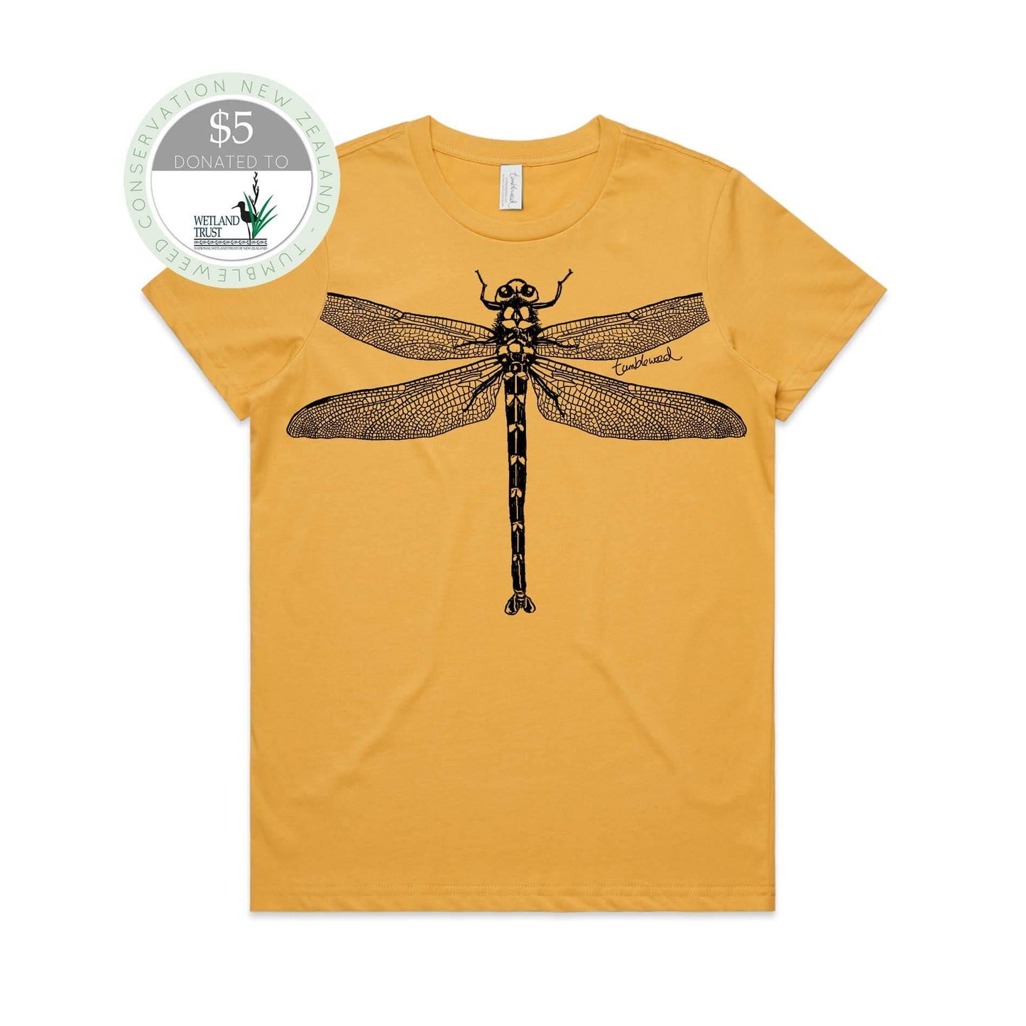 Mustard, female t-shirt featuring a screen printed black nz dragonfly design.