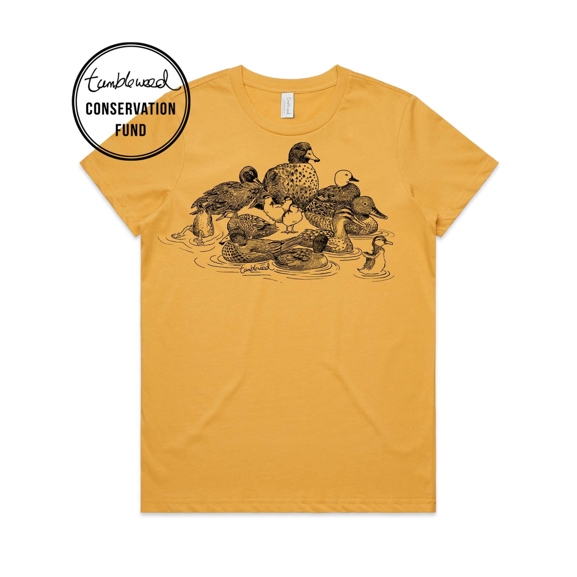 Mustard, female t-shirt featuring a screen printed NZ Ducks design.