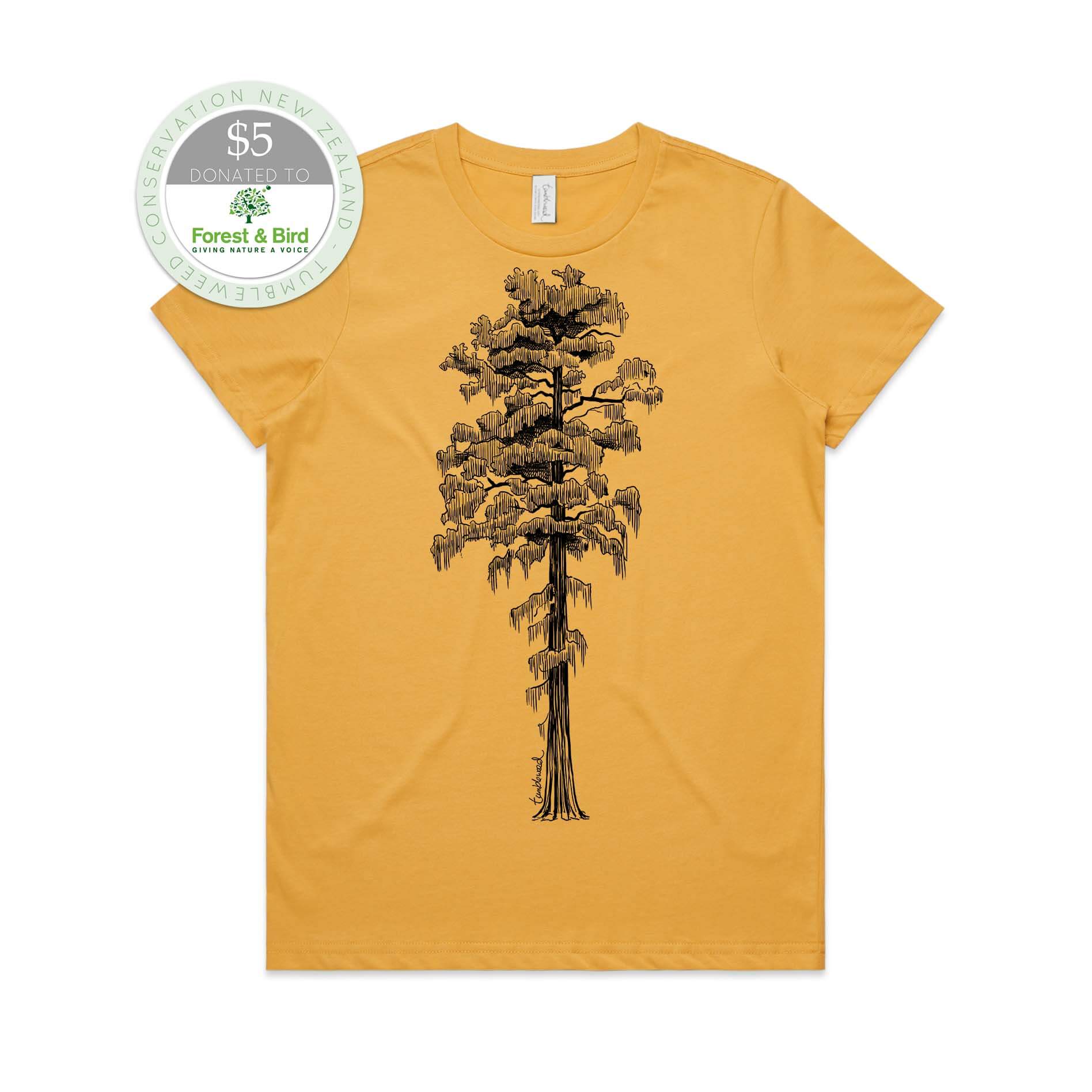 Mustard, female t-shirt featuring a screen printed Rimu design.