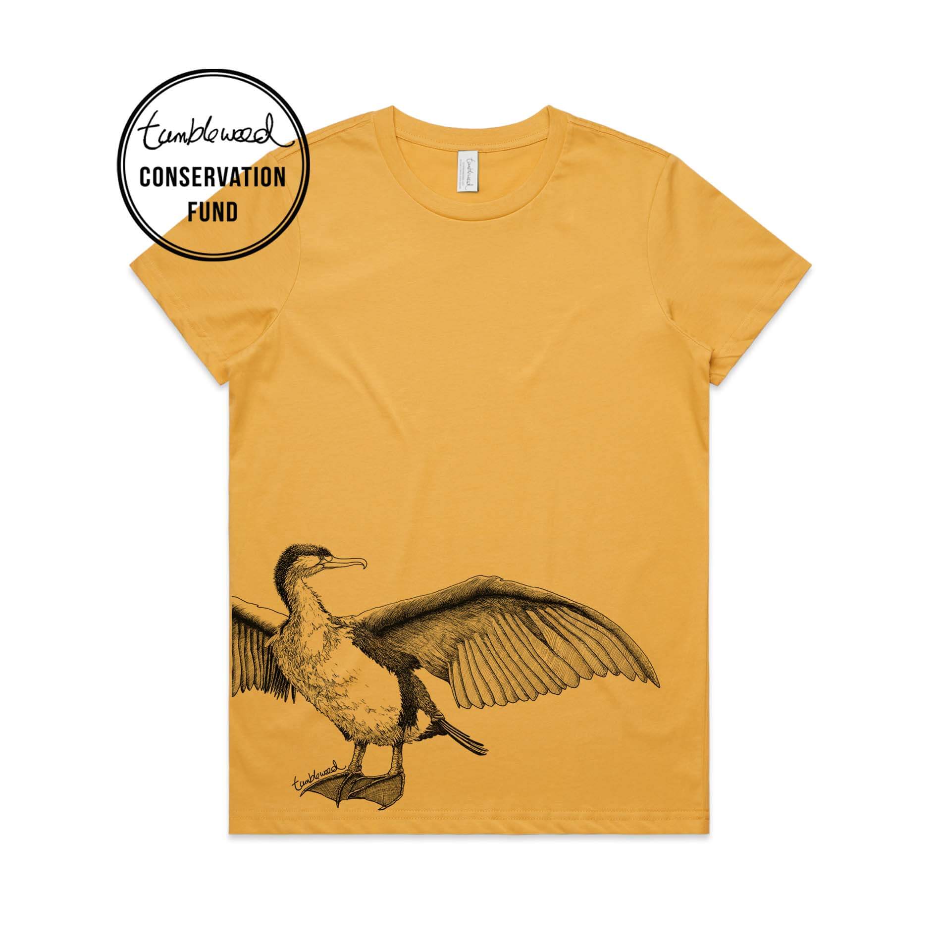 Mustard, female t-shirt featuring a screen printed Shag design.