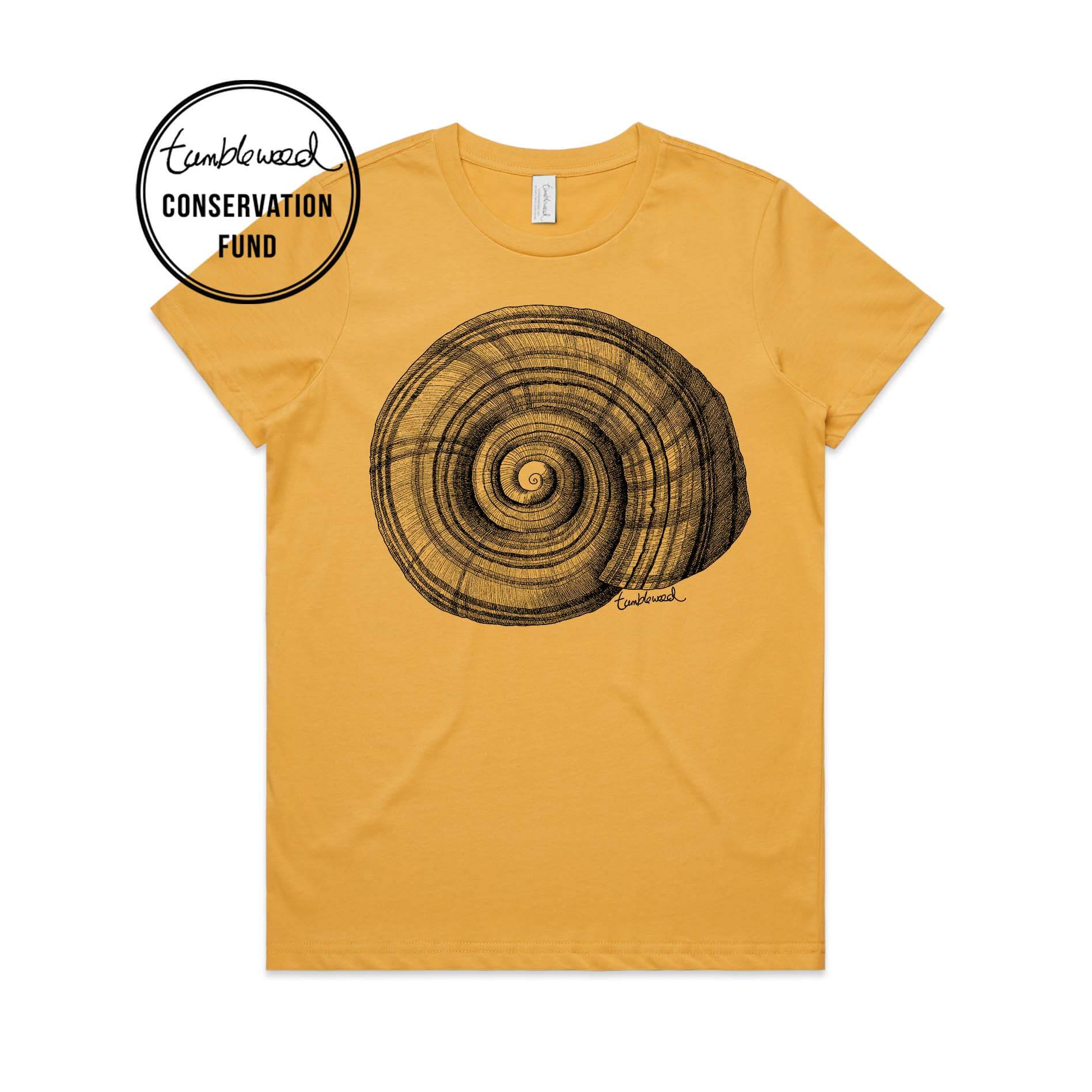 Mustard, female t-shirt featuring a screen printed NZ Snail design.