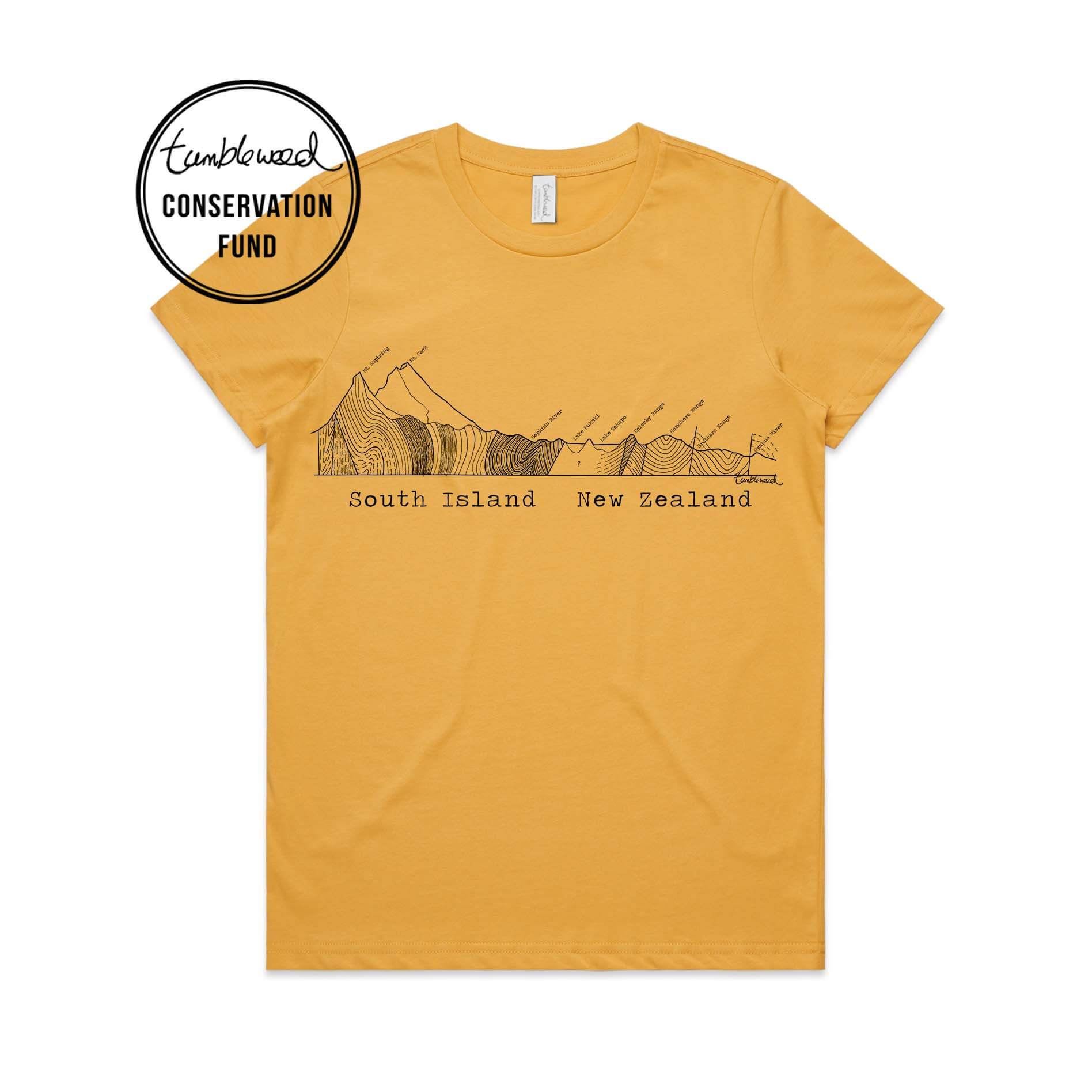 Mustard, female t-shirt featuring a screen printed South Island Cross Section design.