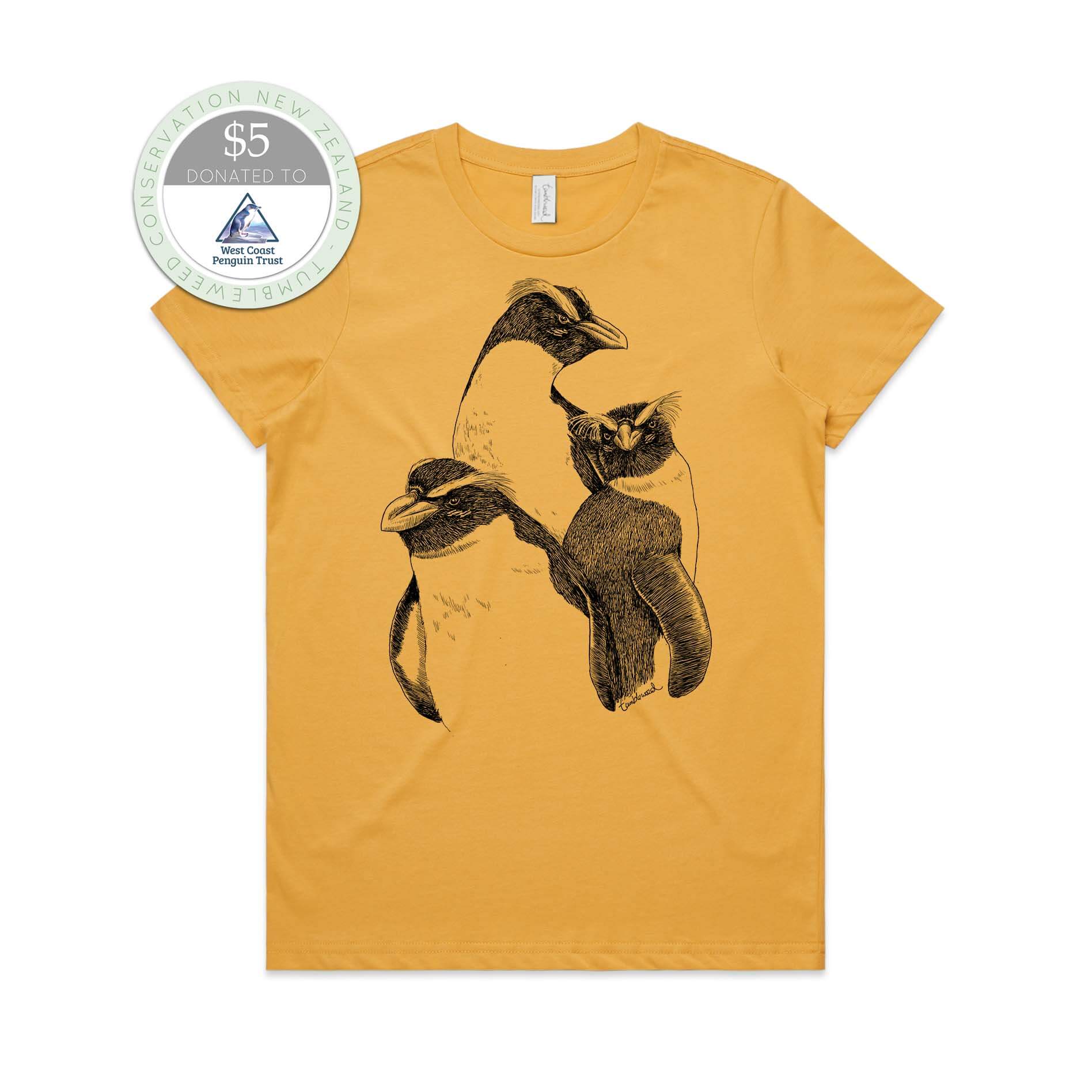 Mustard, female t-shirt featuring a screen printed black Fiordland Crested penguin/tawaki design.