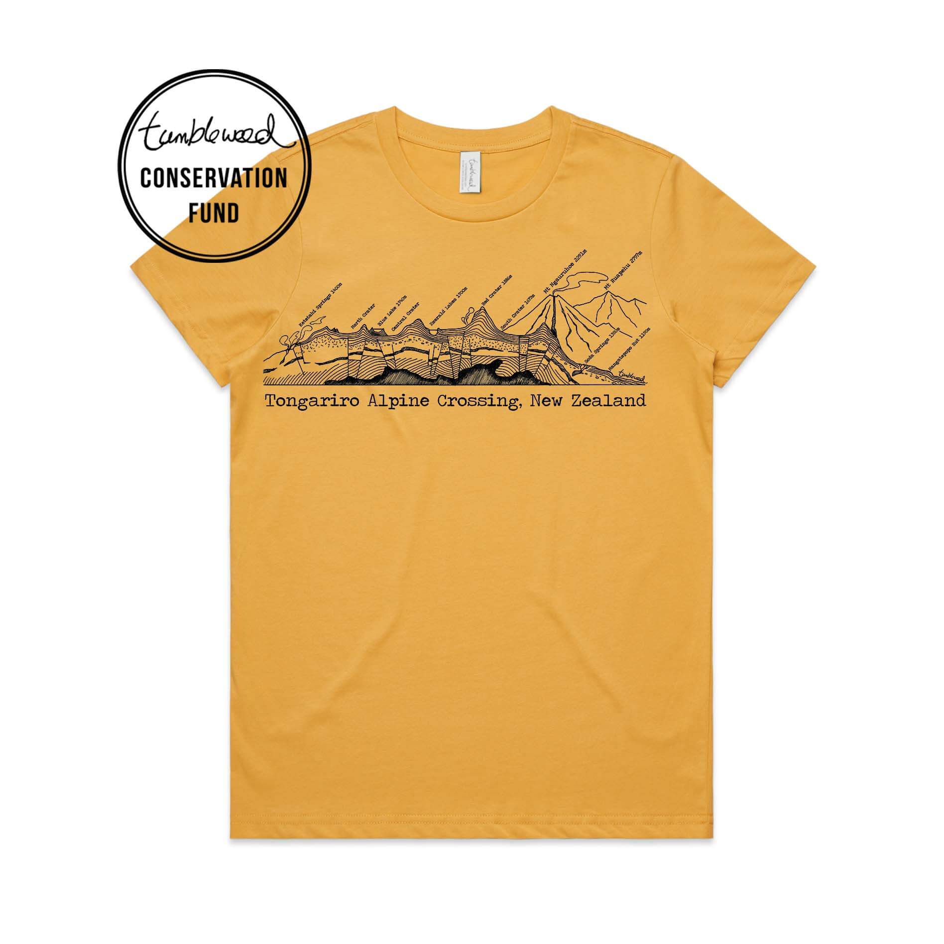 Mustard, female t-shirt featuring a screen printed Tongariro Crossing design.