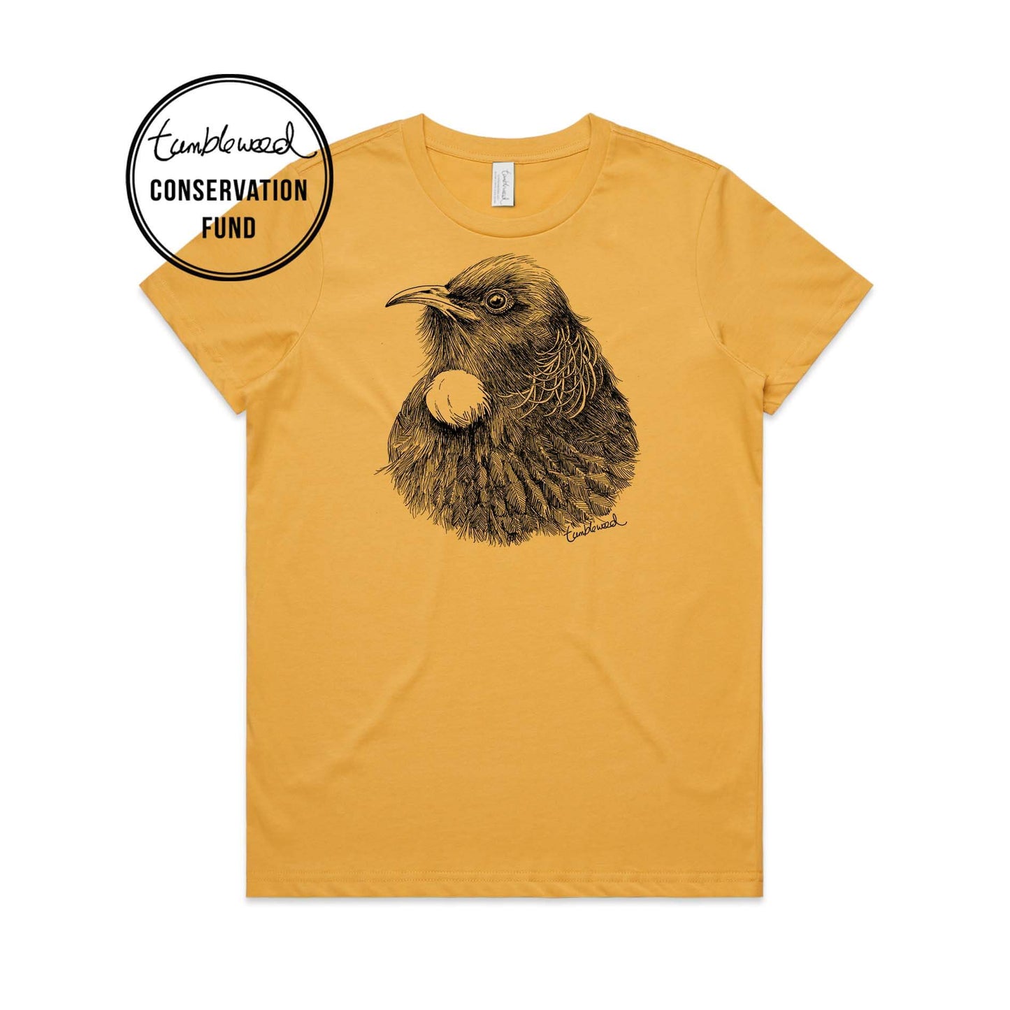 Mustard, female t-shirt featuring a screen printed Tuatara design.