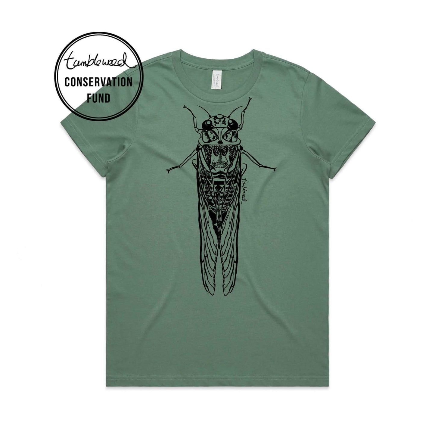 Sage, female t-shirt featuring a screen printed Cicada/kihikihi-wawā design.