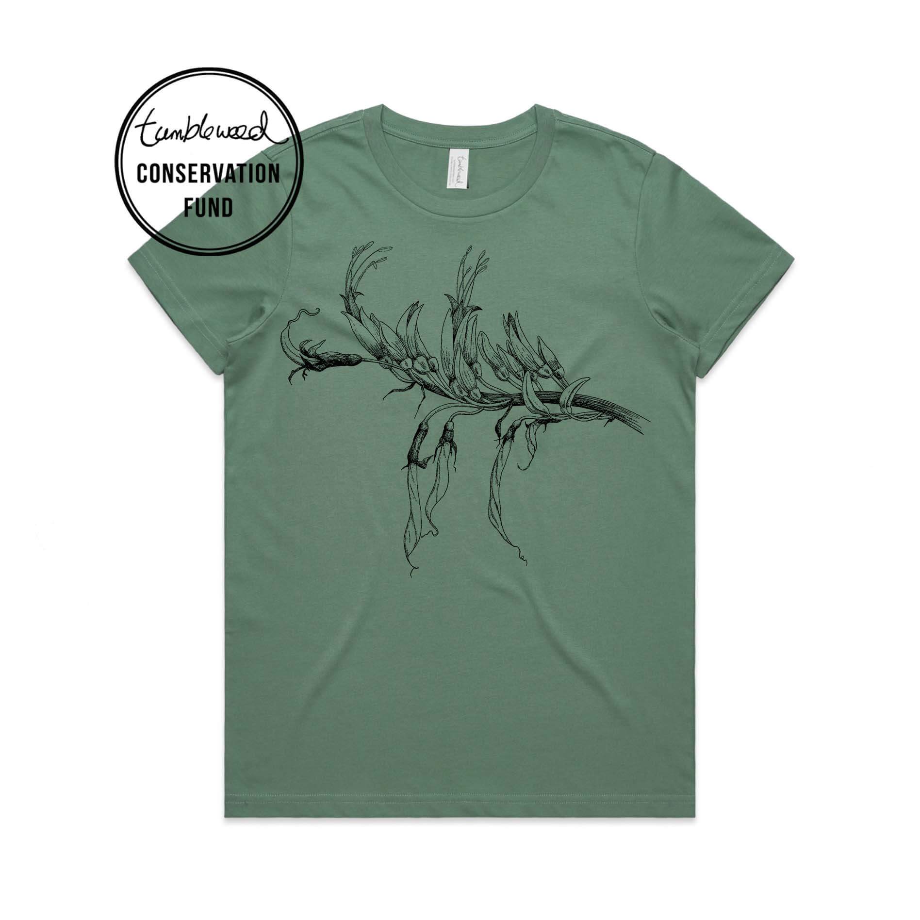 Sage, female t-shirt featuring a screen printed Mountain Flax design.