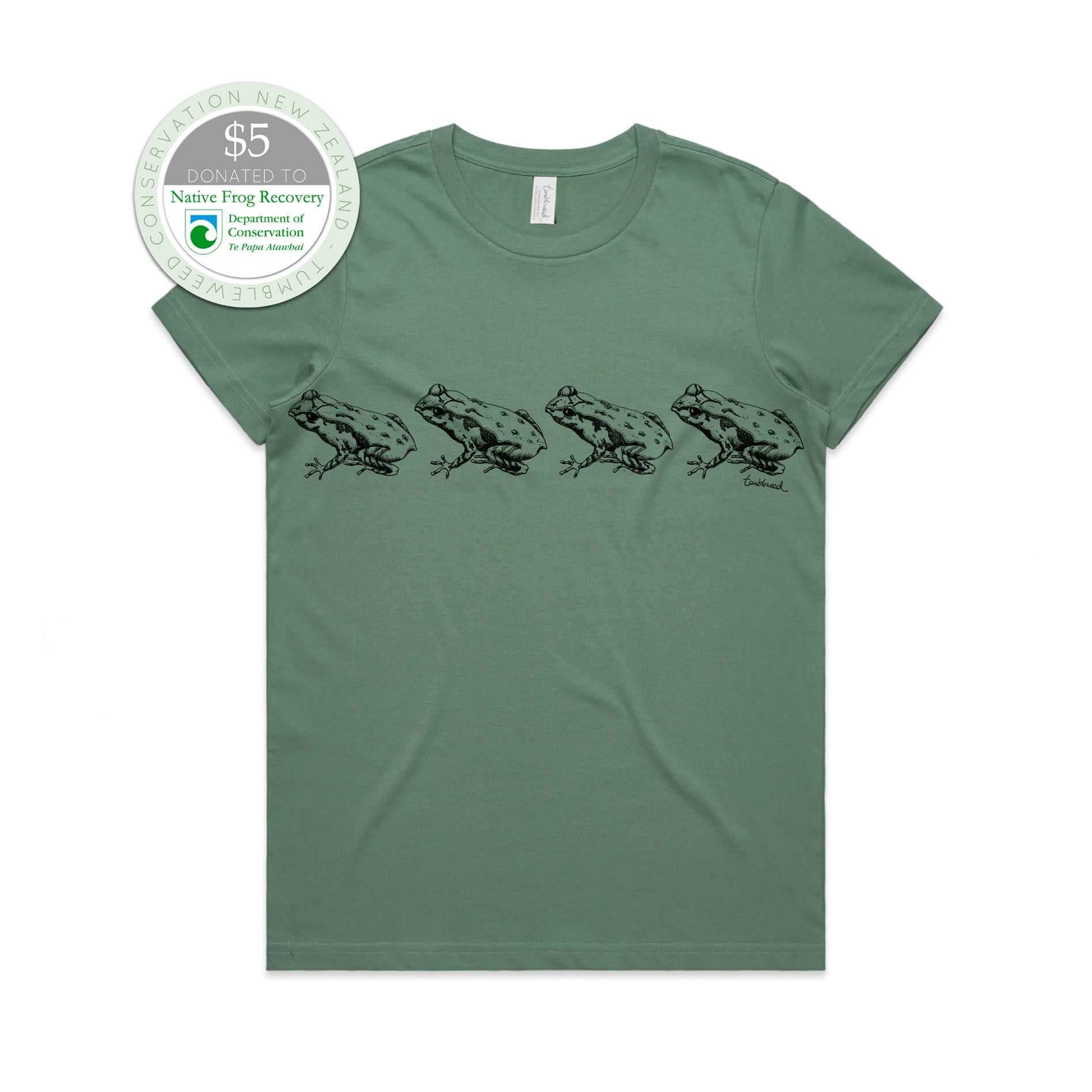 Sage, female t-shirt featuring a screen printed archey's frog design.