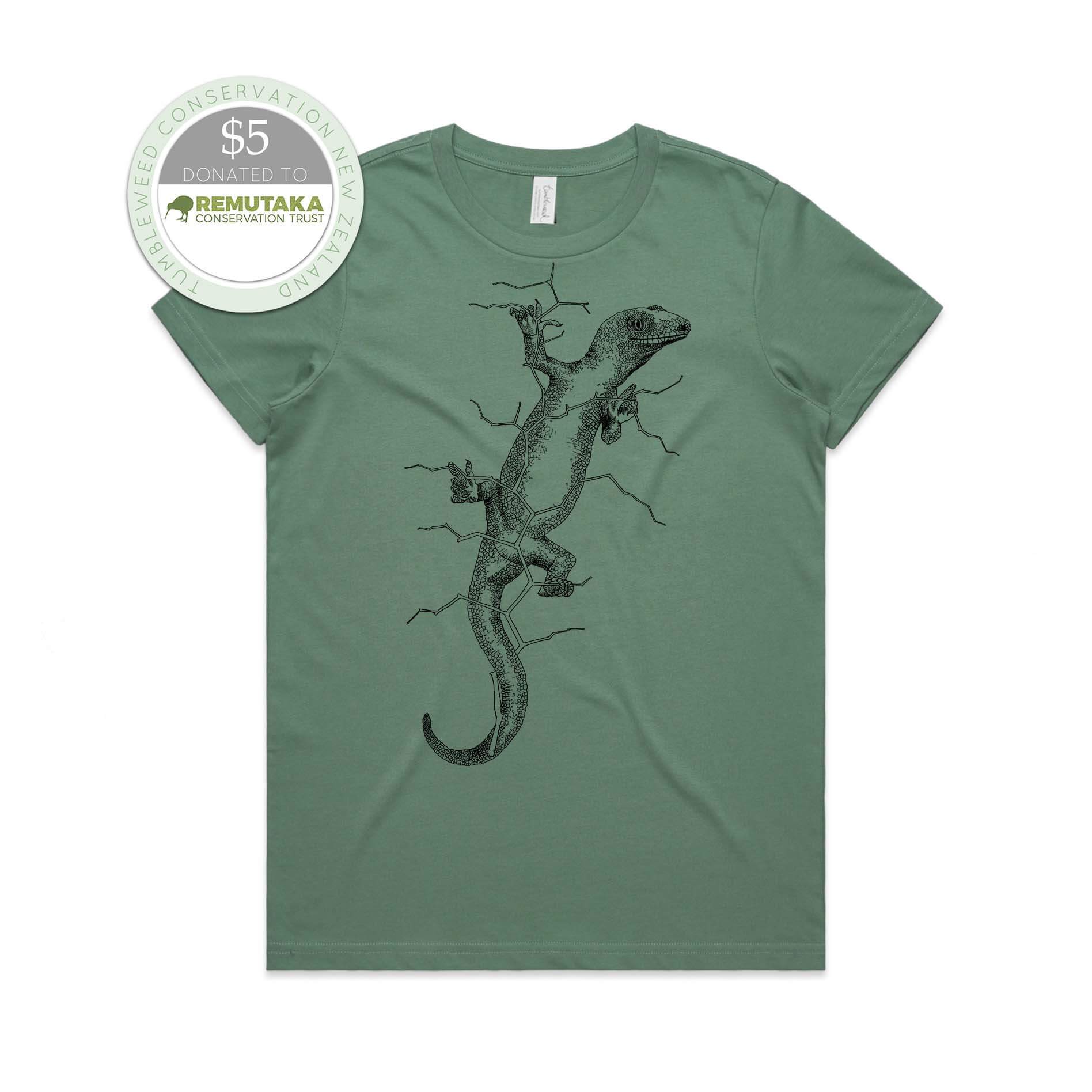 Sage, female t-shirt featuring a screen printed gecko design.