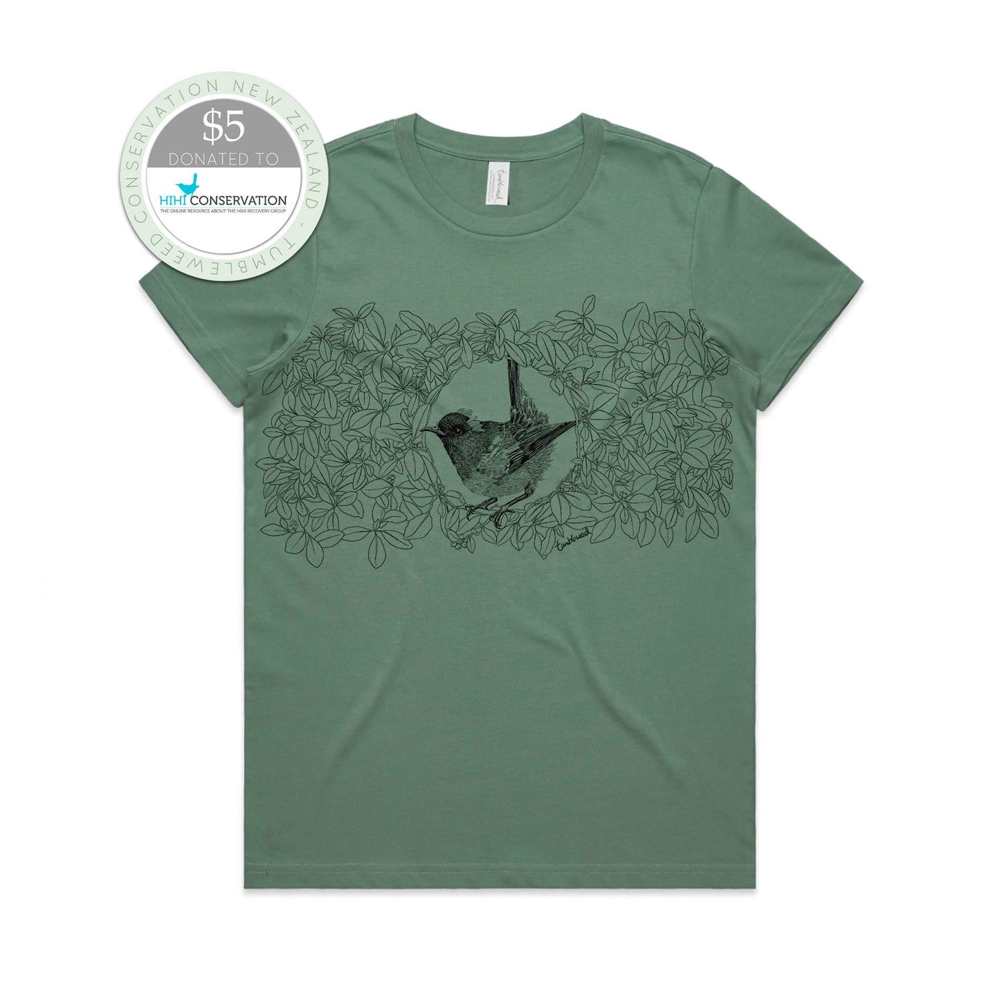 Sage, female t-shirt featuring a screen printed Hihi/Stitchbird design.