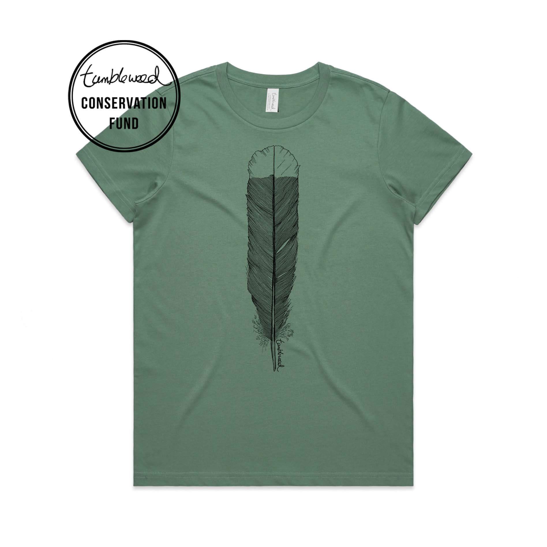 Sage, female t-shirt featuring a screen printed huia feather design.
