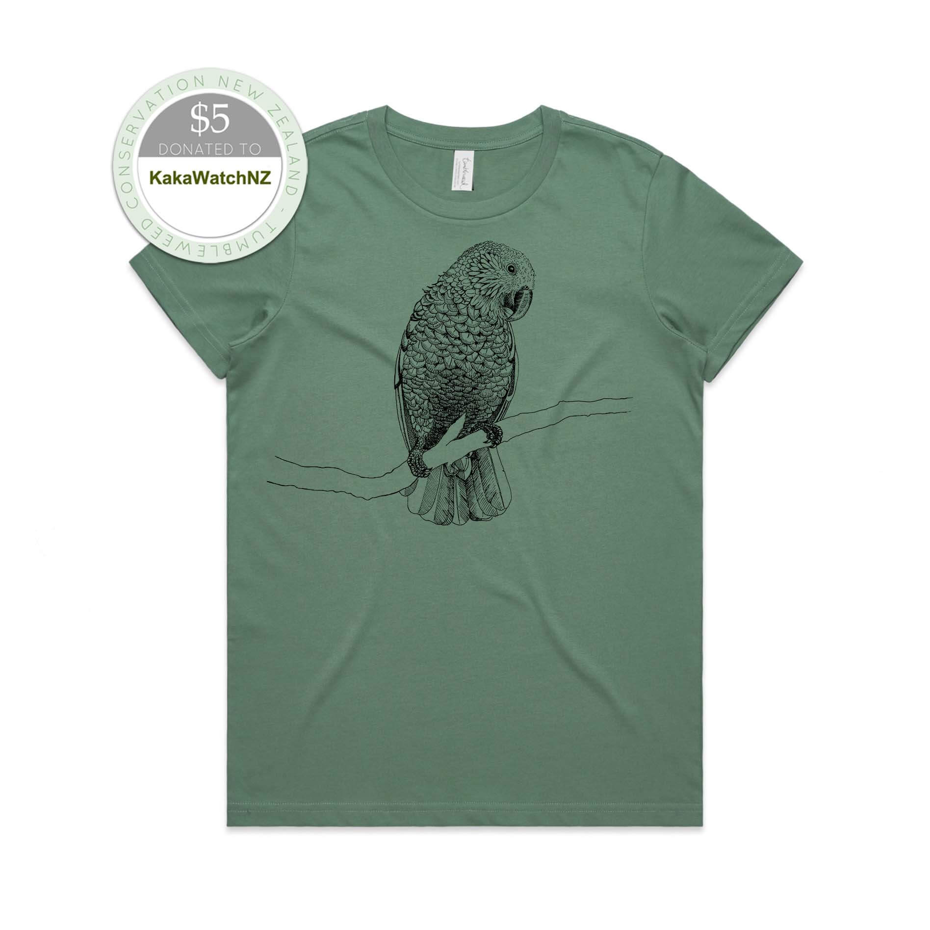 Sage, female t-shirt featuring a screen printed Kaka design.