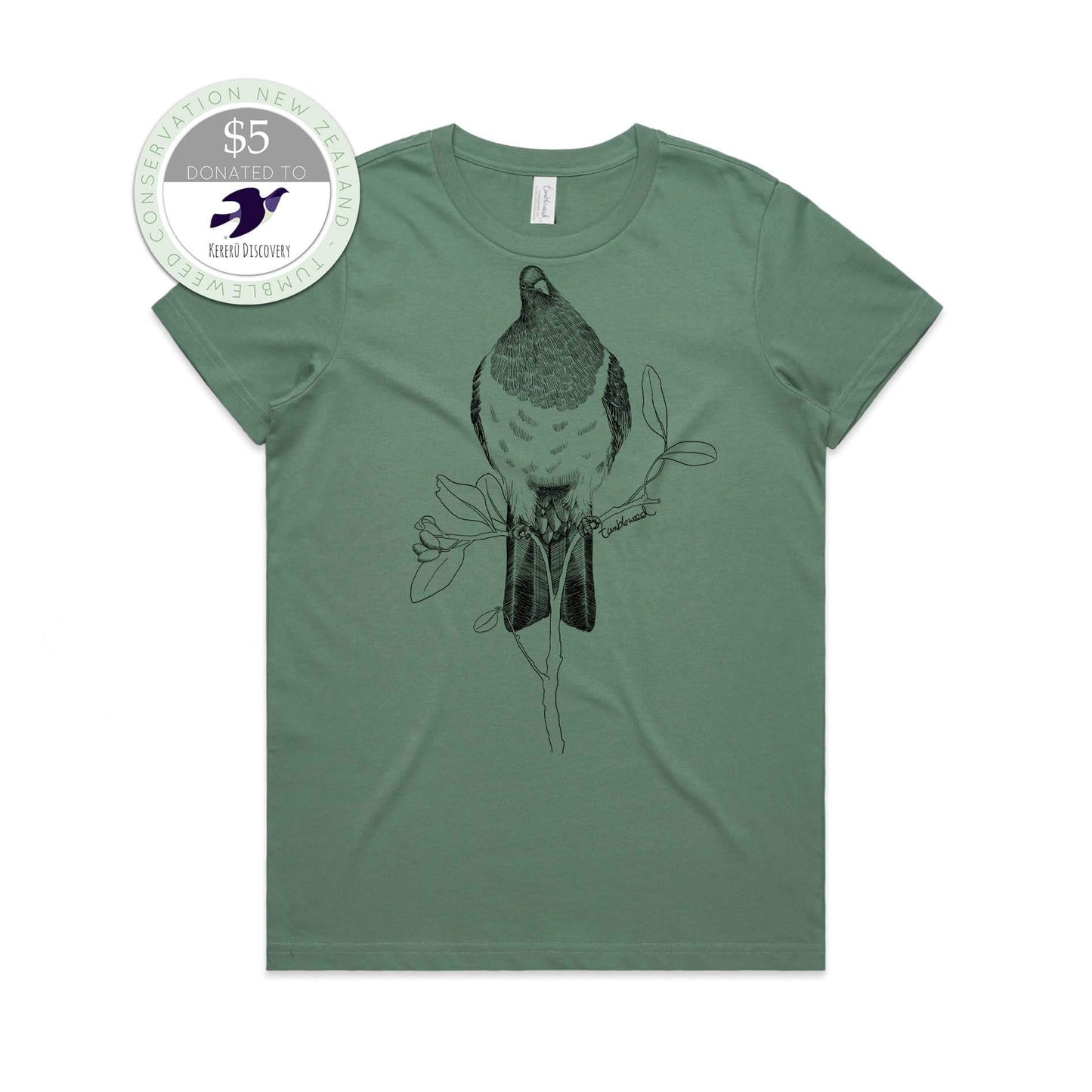 Sage, female t-shirt featuring a screen printed kereru design.