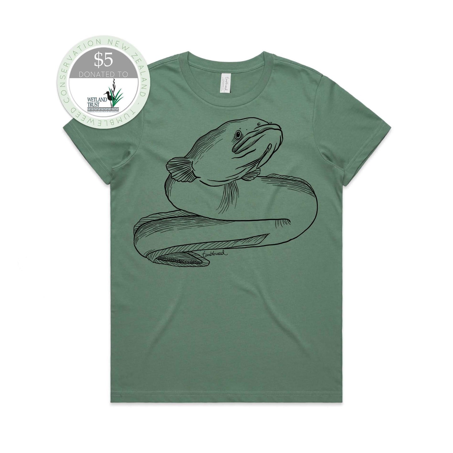 Sage, female t-shirt featuring a screen printed Longfin Eel/Tuna design.
