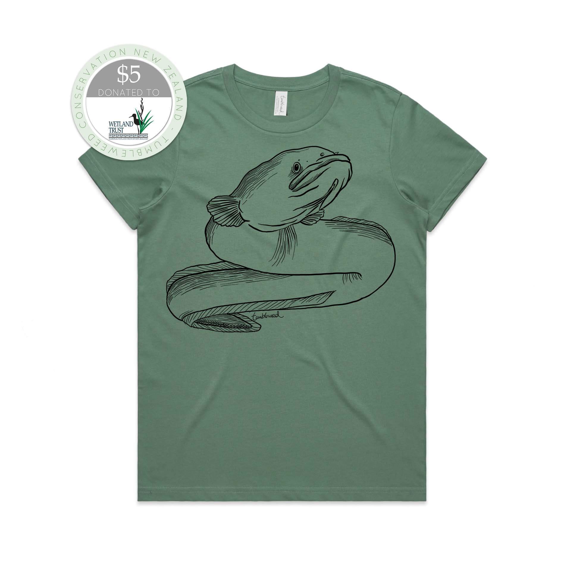 Sage, female t-shirt featuring a screen printed Longfin Eel/Tuna design.