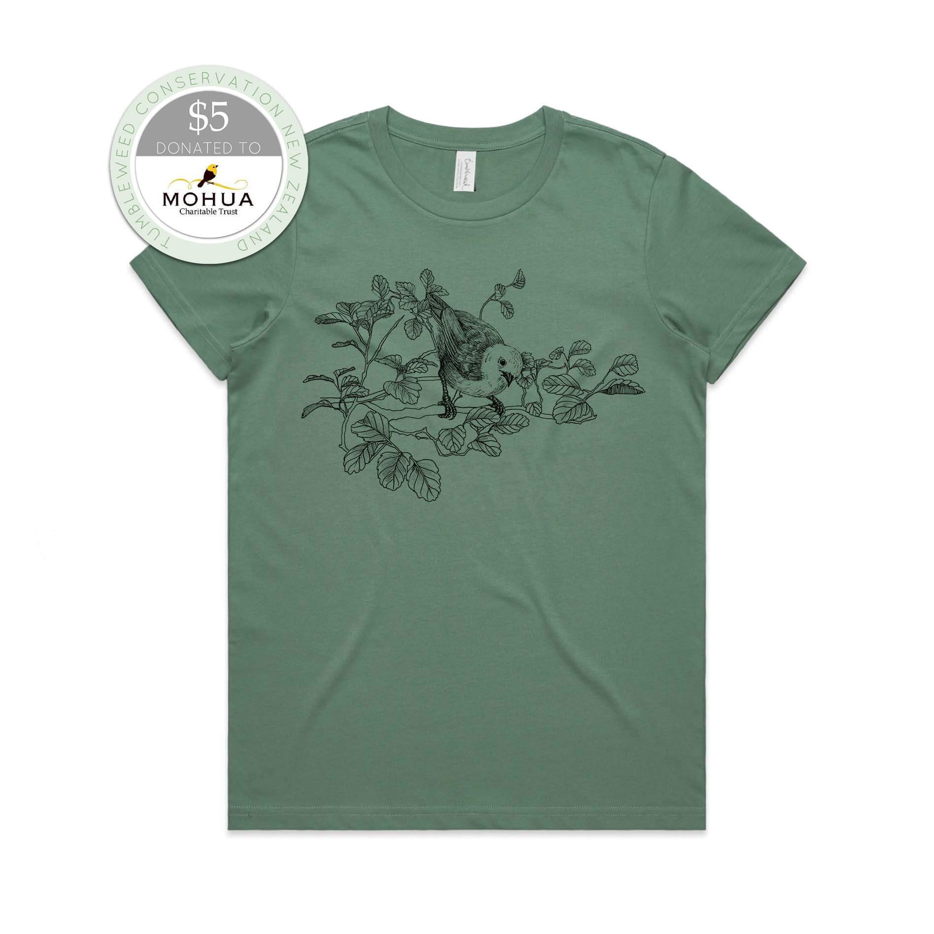 Sage, female t-shirt featuring a screen printed Mōhua/Yellowhead design.