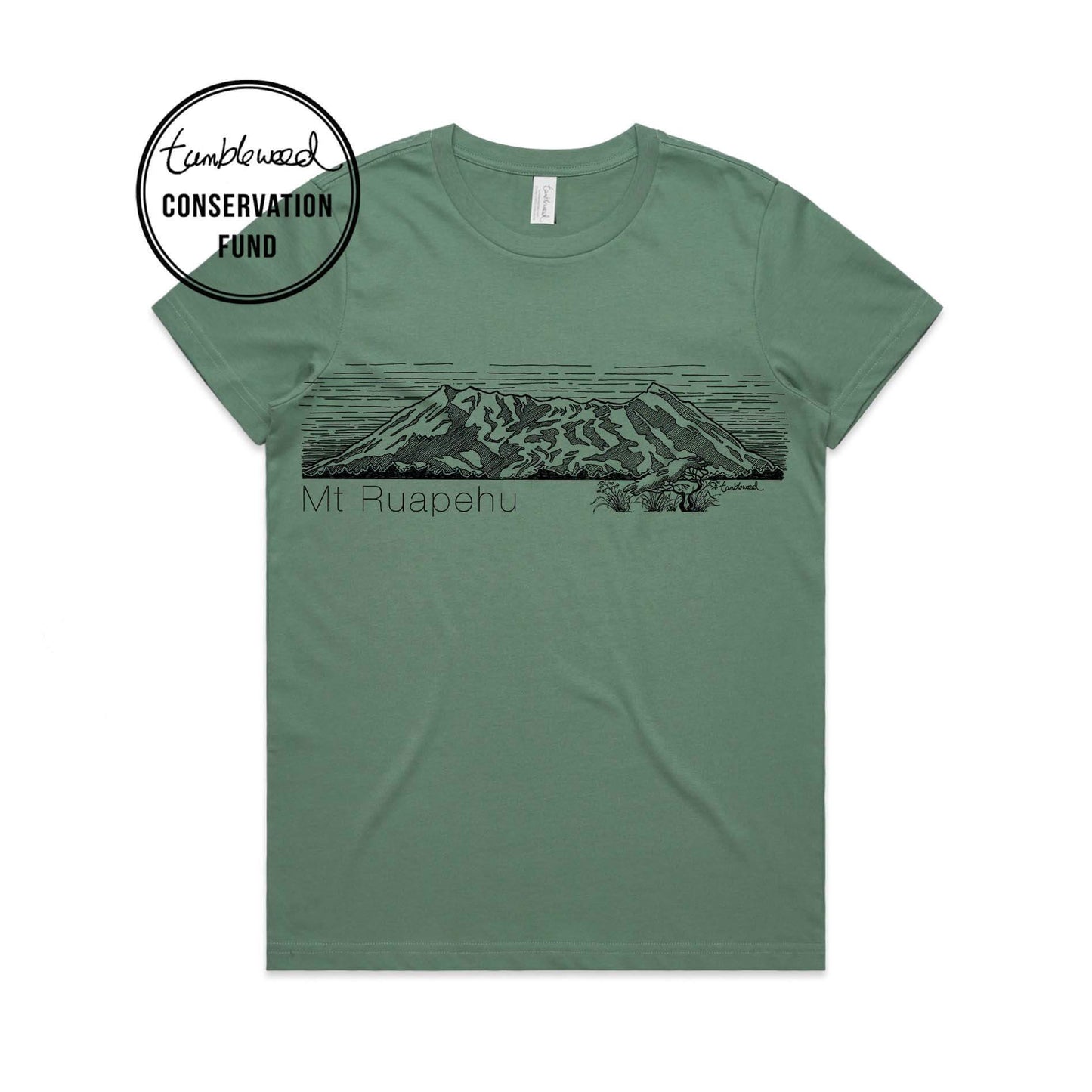 Mustard, male t-shirt featuring a screen printed Mt Ruapehu design.