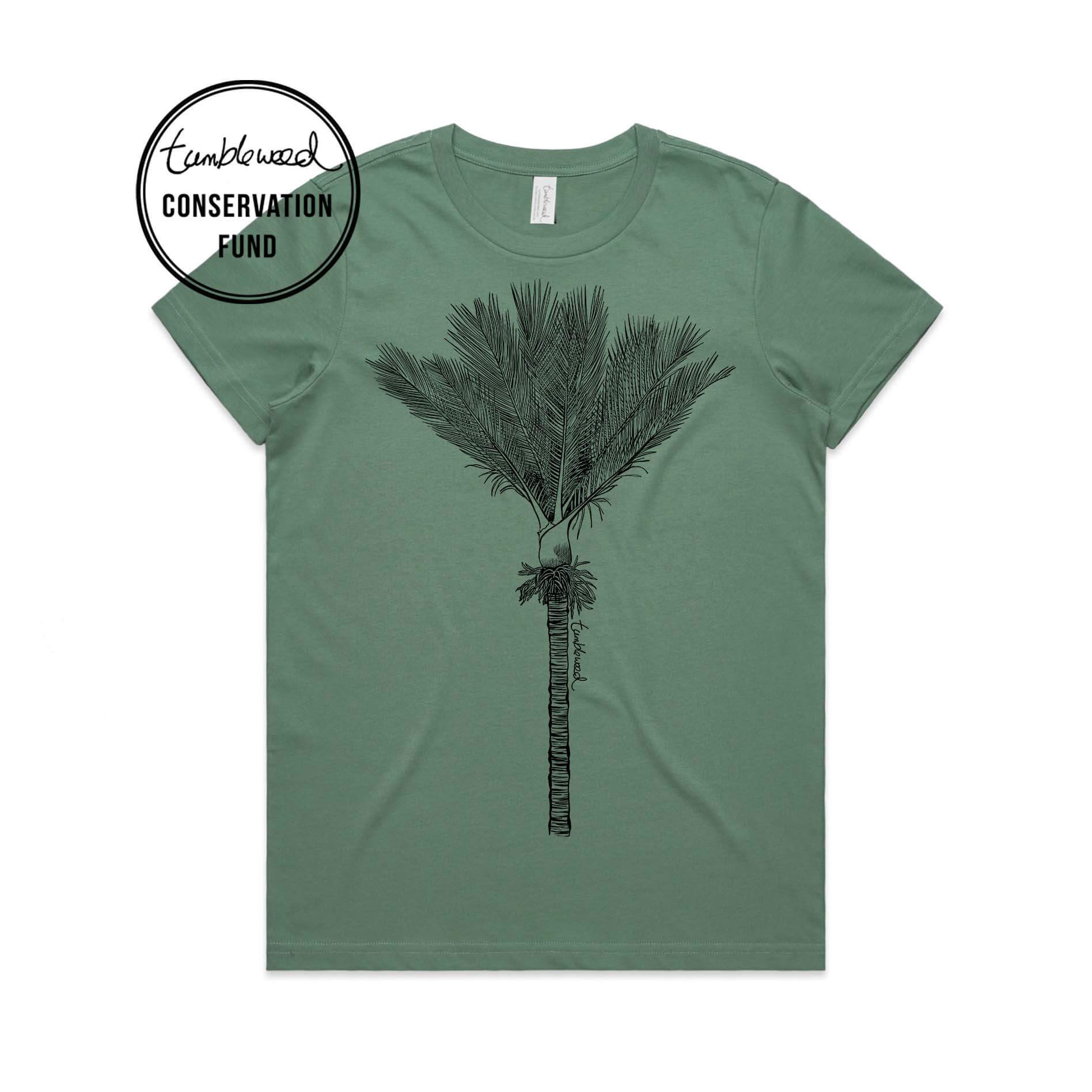 Sage, female t-shirt featuring a screen printed Nīkau design.