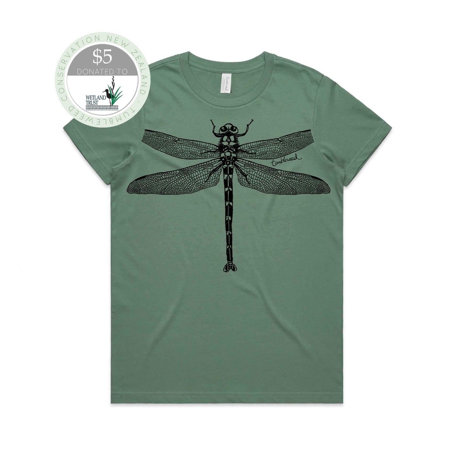 Sage, female t-shirt featuring a screen printed nz dragonfly design.