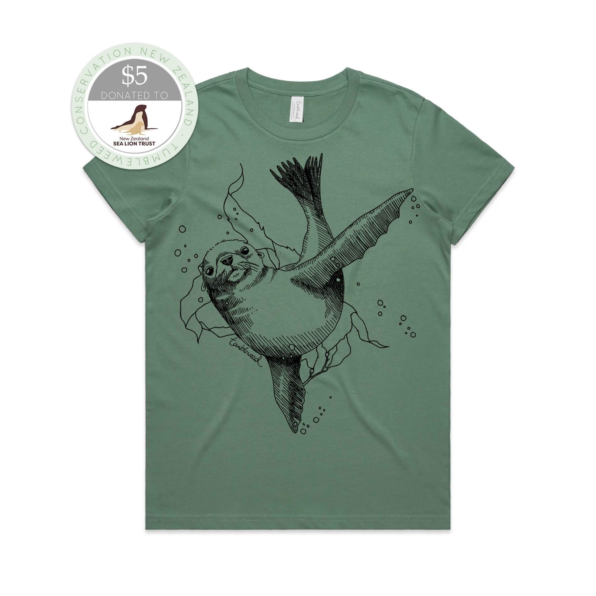 Grey, female t-shirt featuring a screen printed New Zealand sea lion design.
