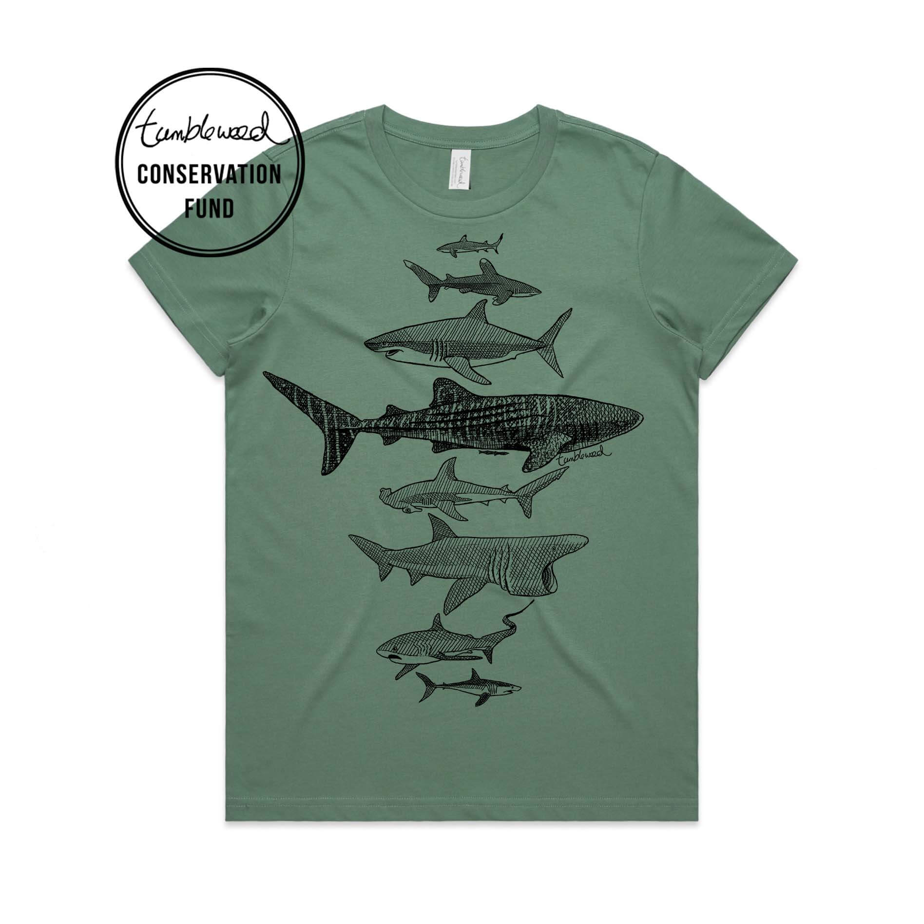 Sage, female t-shirt featuring a screen printed Sharks design.