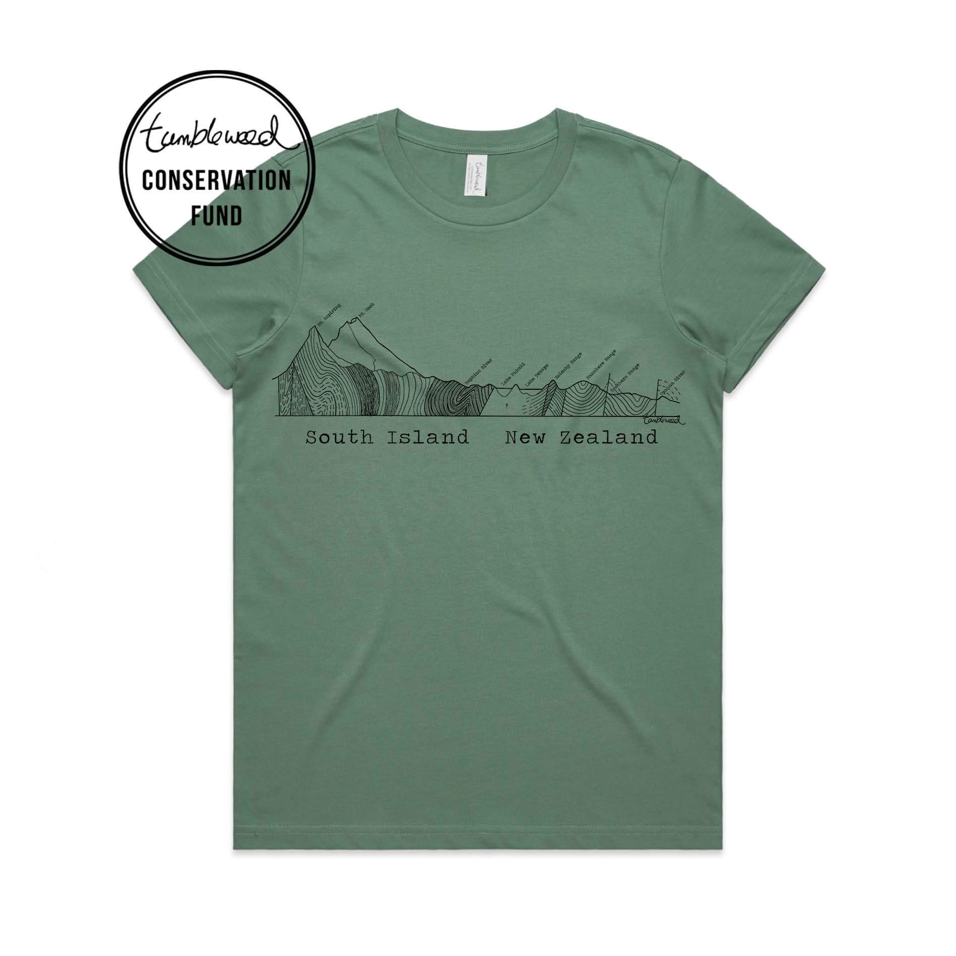 Sage, female t-shirt featuring a screen printed South Island Cross Section design.