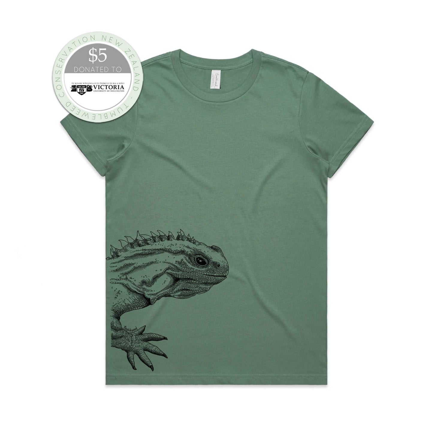 Sage, female t-shirt featuring a screen printed Tuatara design.