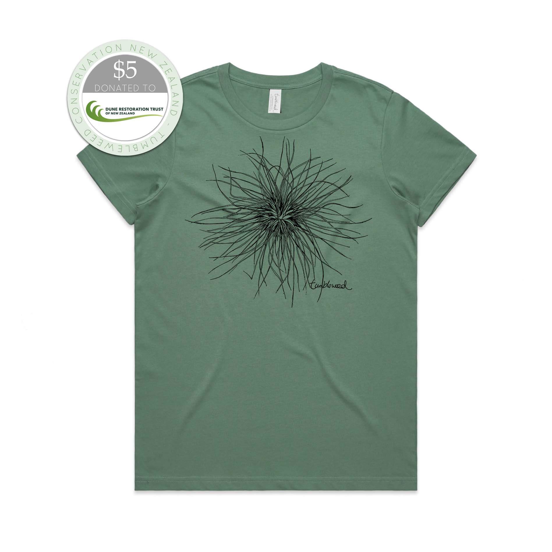 Sage, female t-shirt featuring a screen printed Tumbleweed design.