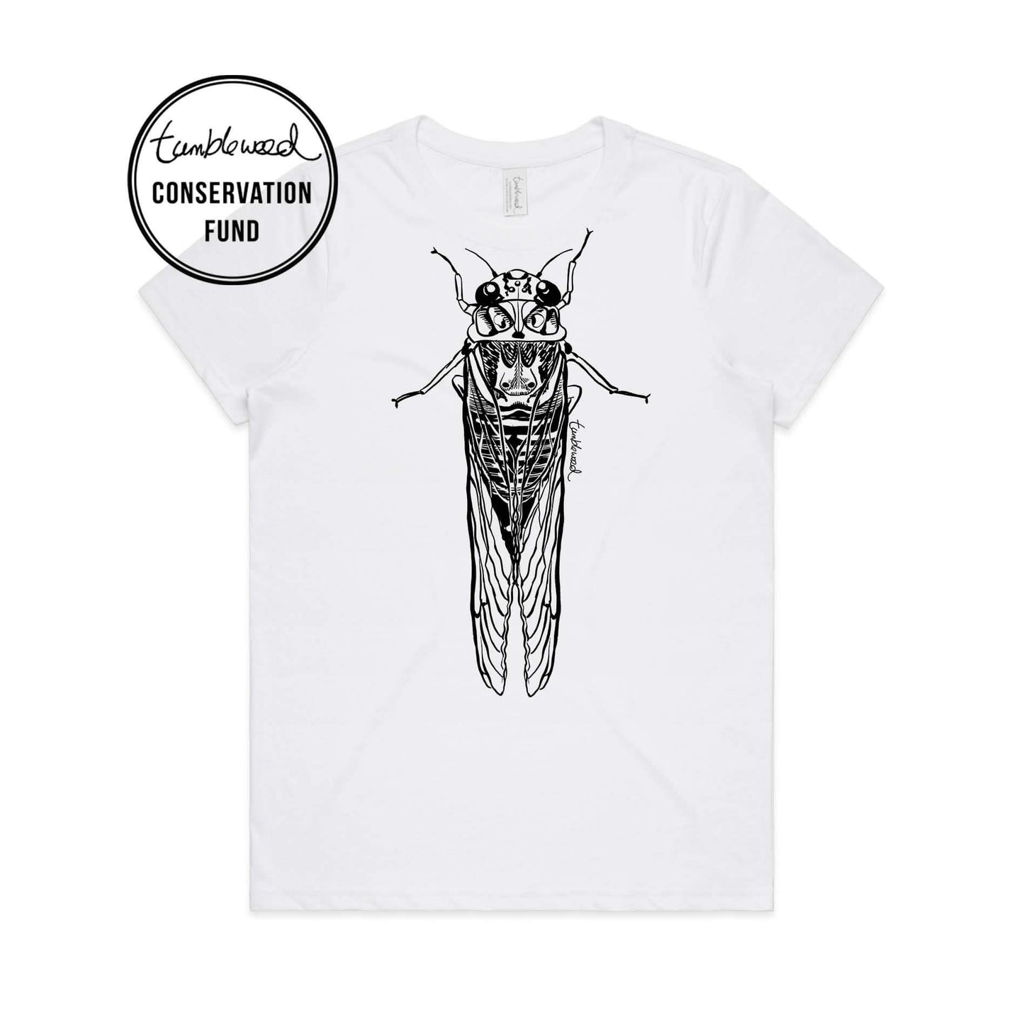 White, female t-shirt featuring a screen printed Cicada/kihikihi-wawā design.