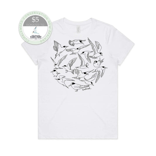 Grey marle, female t-shirt featuring a screen printed fairy tern/tara iti design.