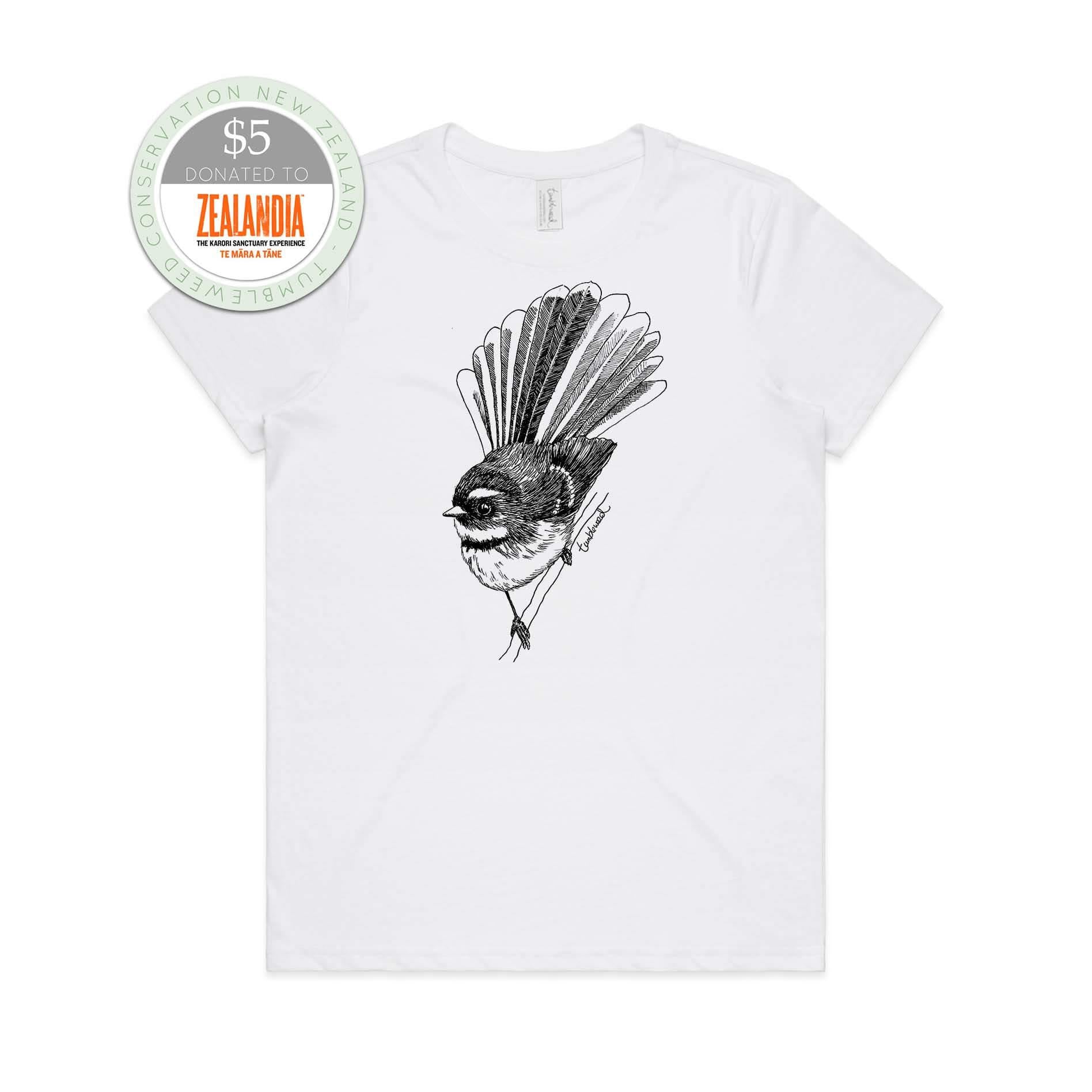 White, female t-shirt featuring a screen printed Fantail/Pīwakawaka design.