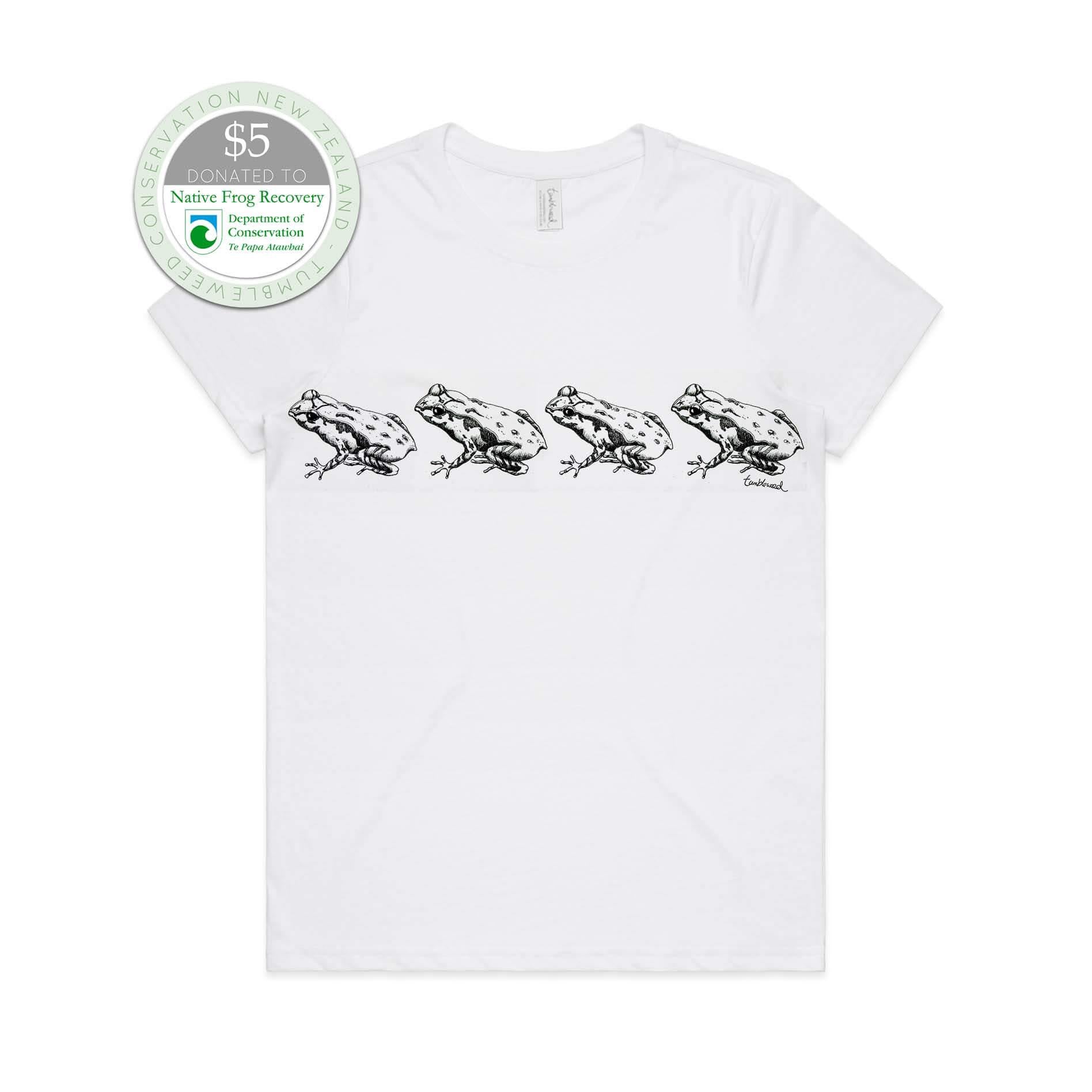 White, female t-shirt featuring a screen printed archey's frog design.