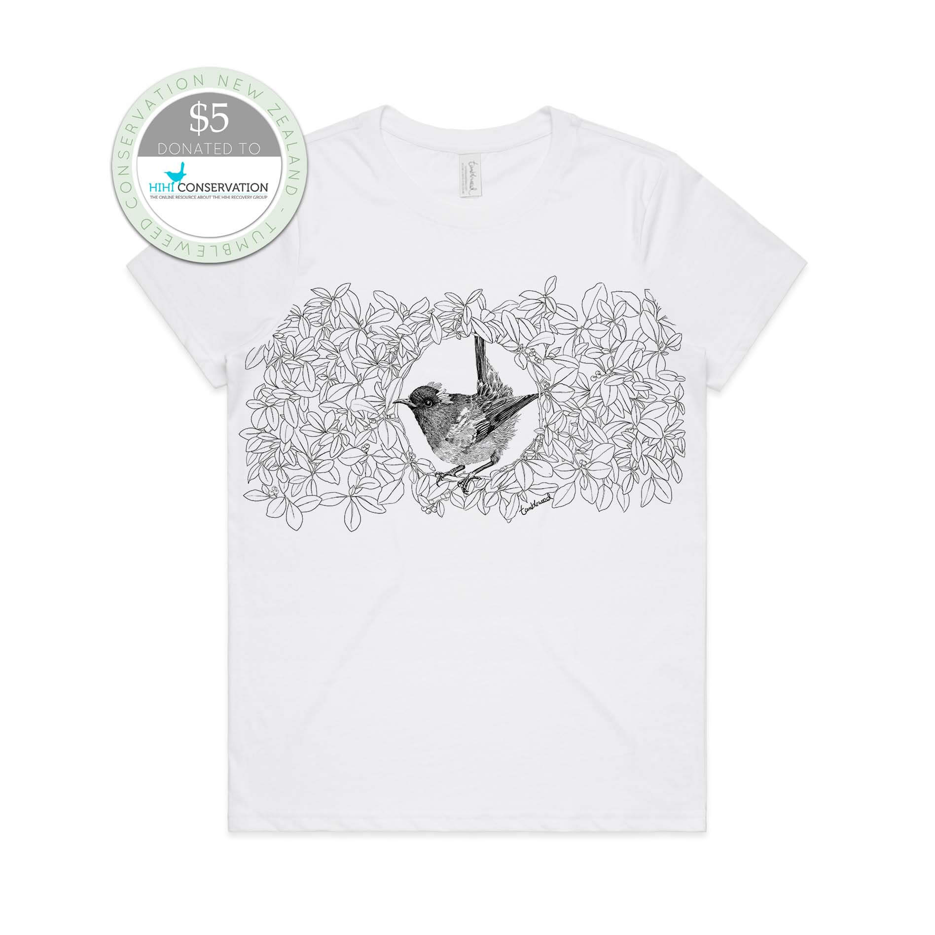 White, female t-shirt featuring a screen printed Hihi/Stitchbird design.