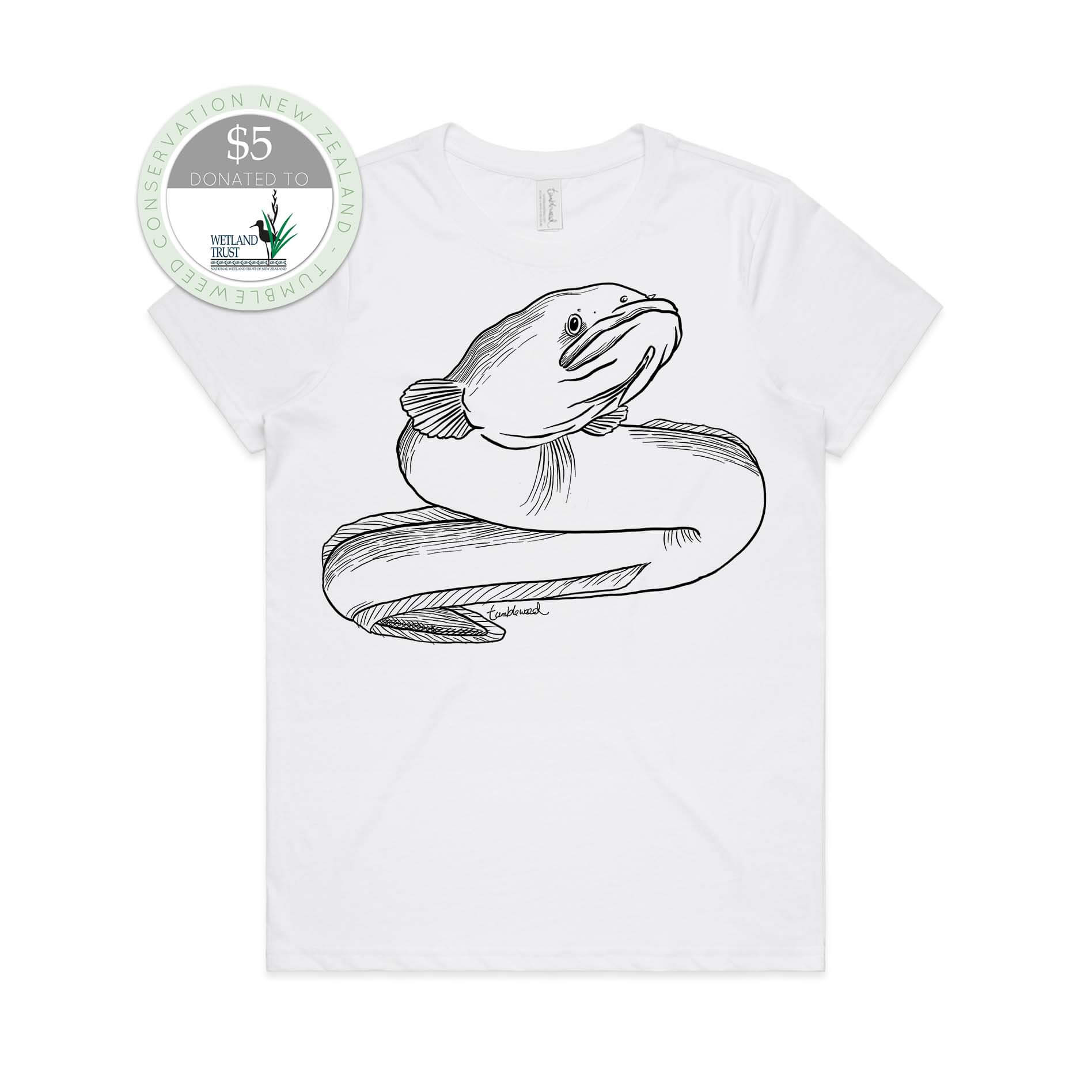 White, female t-shirt featuring a screen printed Longfin Eel/Tuna design.
