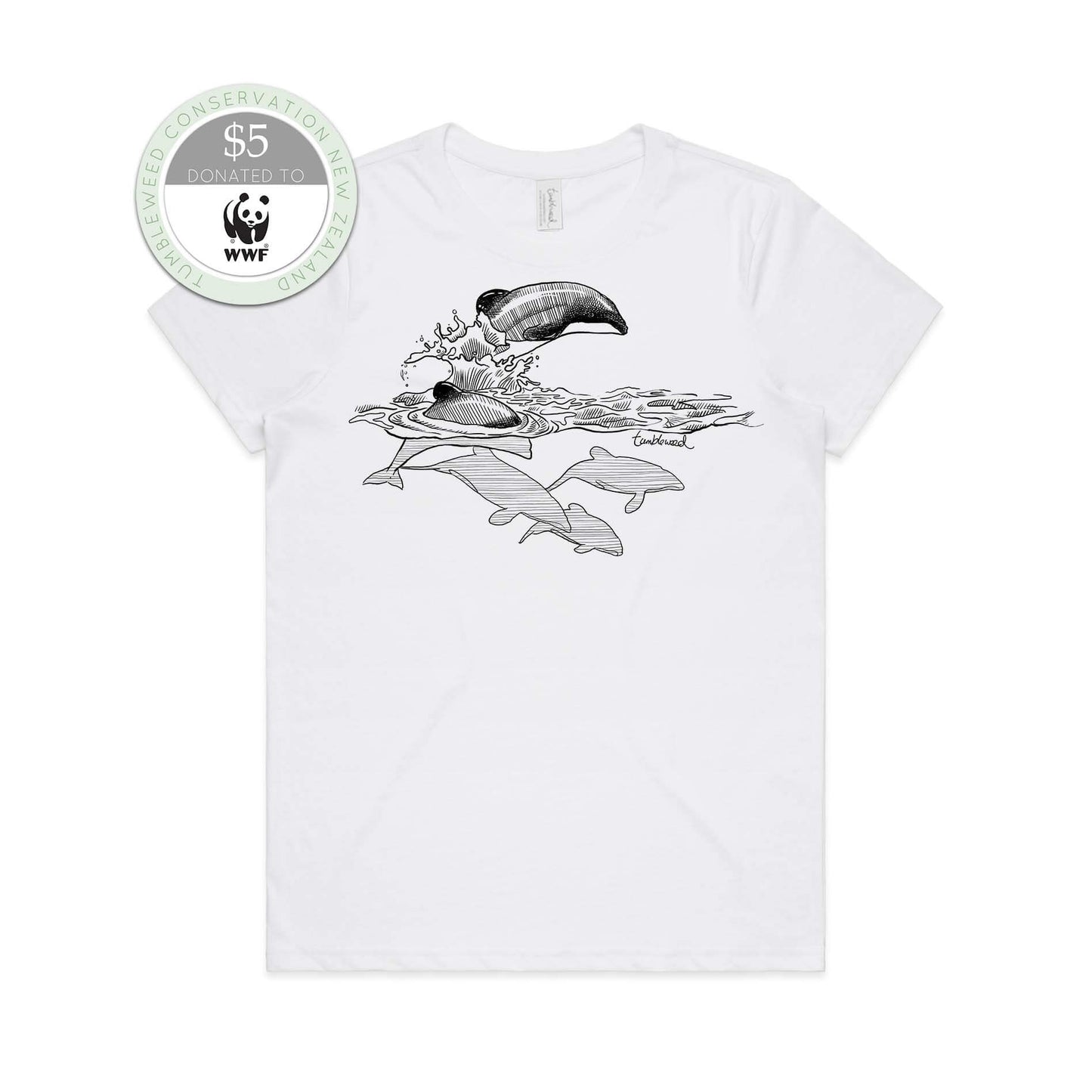 White, female t-shirt featuring a screen printed Māui dolphin design.