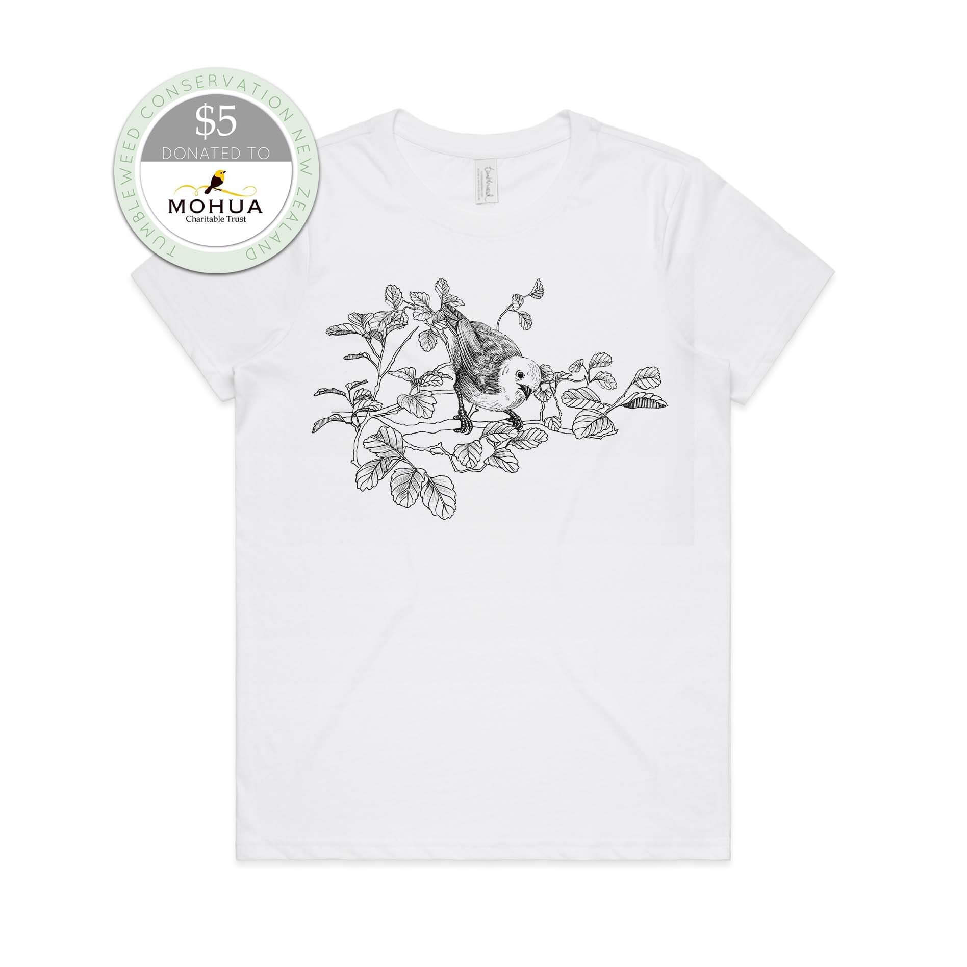 White, female t-shirt featuring a screen printed Mōhua/Yellowhead design.