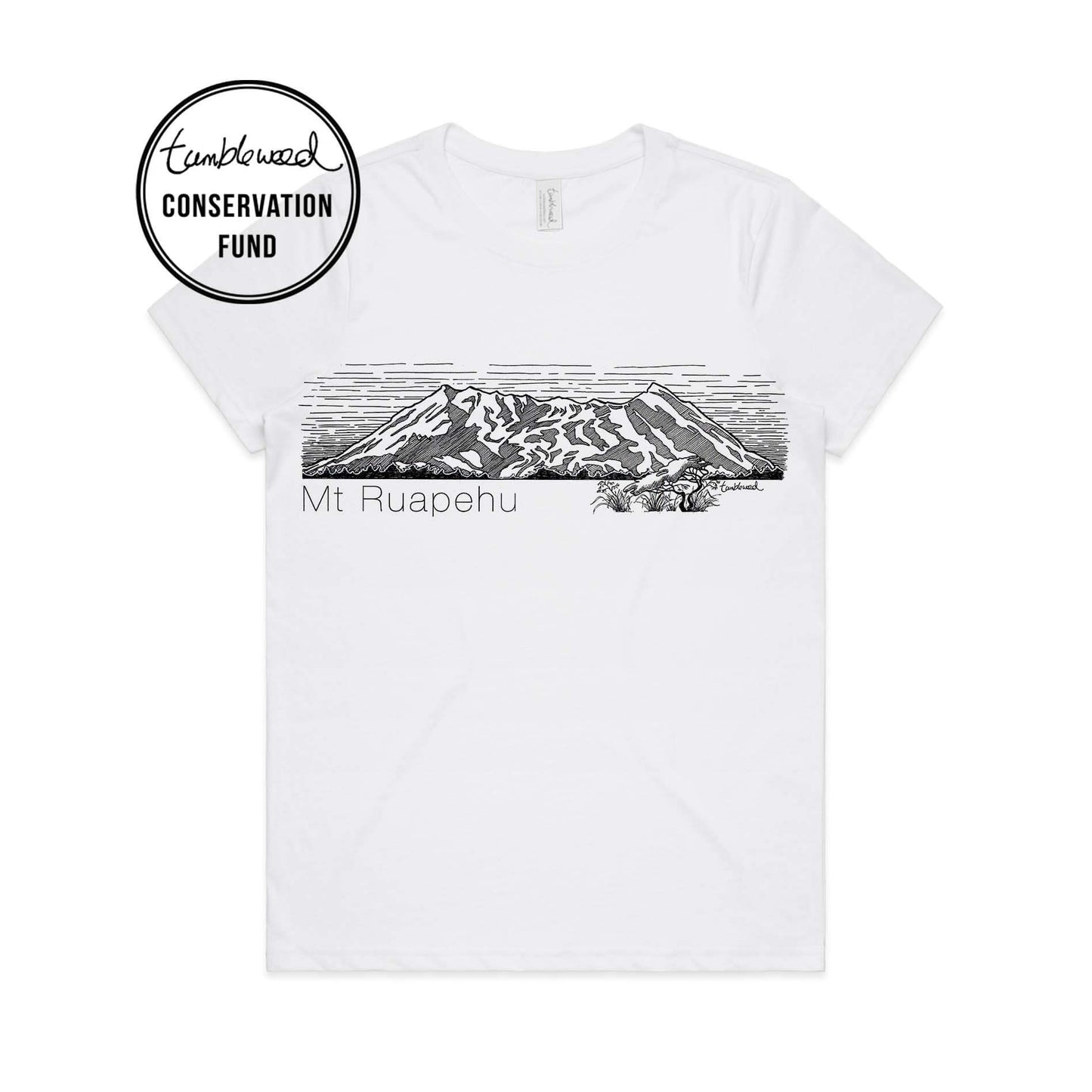 White, male t-shirt featuring a screen printed Mt Ruapehu design.